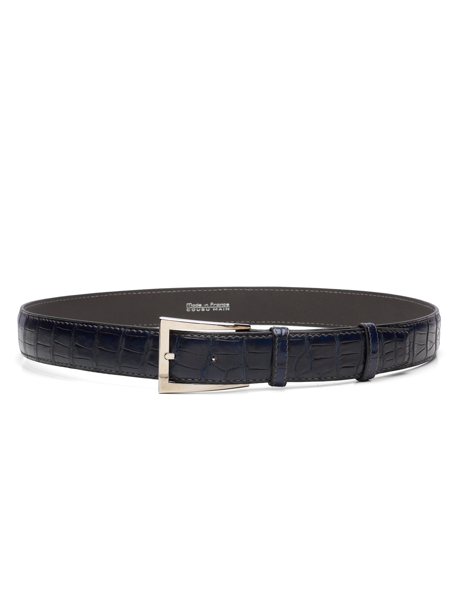 DURET Paris Navy Crocodile Handstiched Belt with Silver Alpha Buckle 36" 90cm