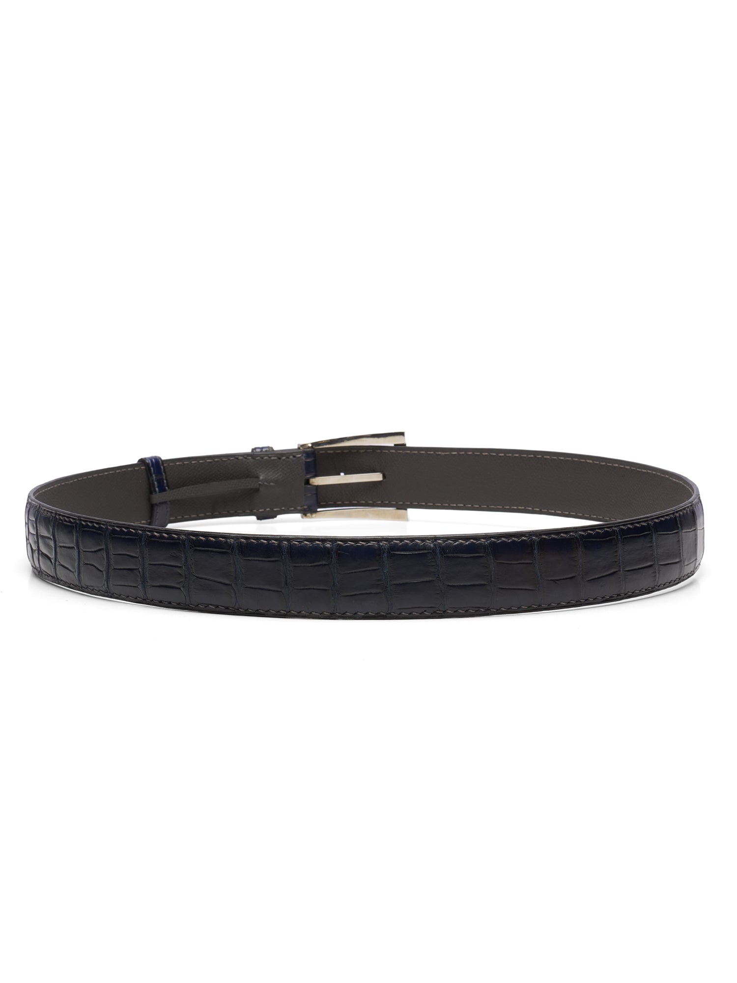 DURET Paris Navy Crocodile Handstiched Belt with Silver Alpha Buckle 36" 90cm
