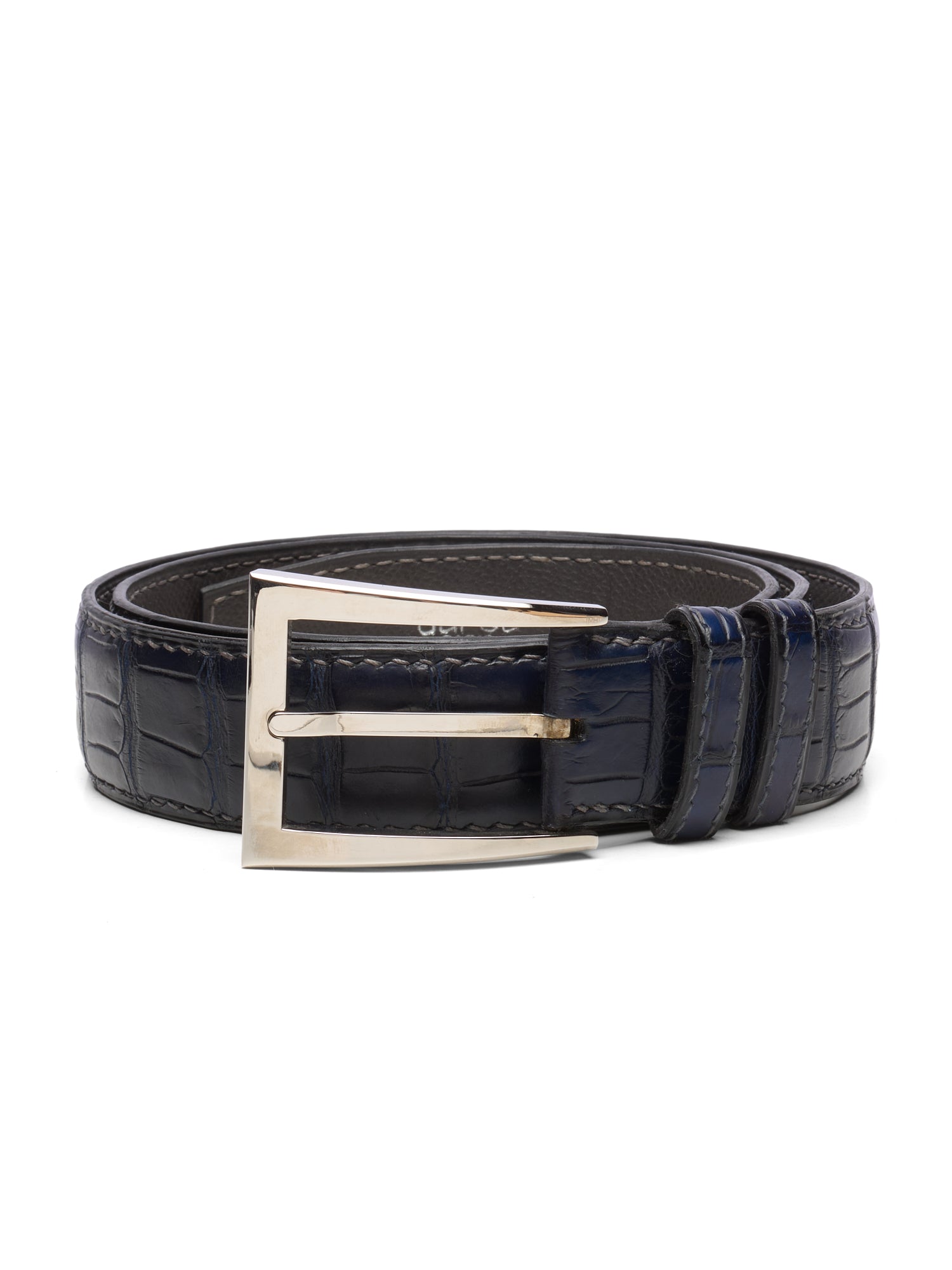 DURET Paris Navy Crocodile Handstiched Belt with Silver Alpha Buckle 36" 90cm