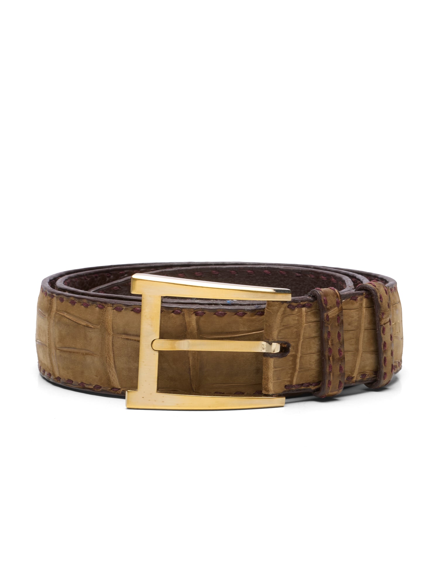 DURET Paris Sand Nubuck Crocodile Handstiched Belt with Gold Alpha Buckle 36" 90cm