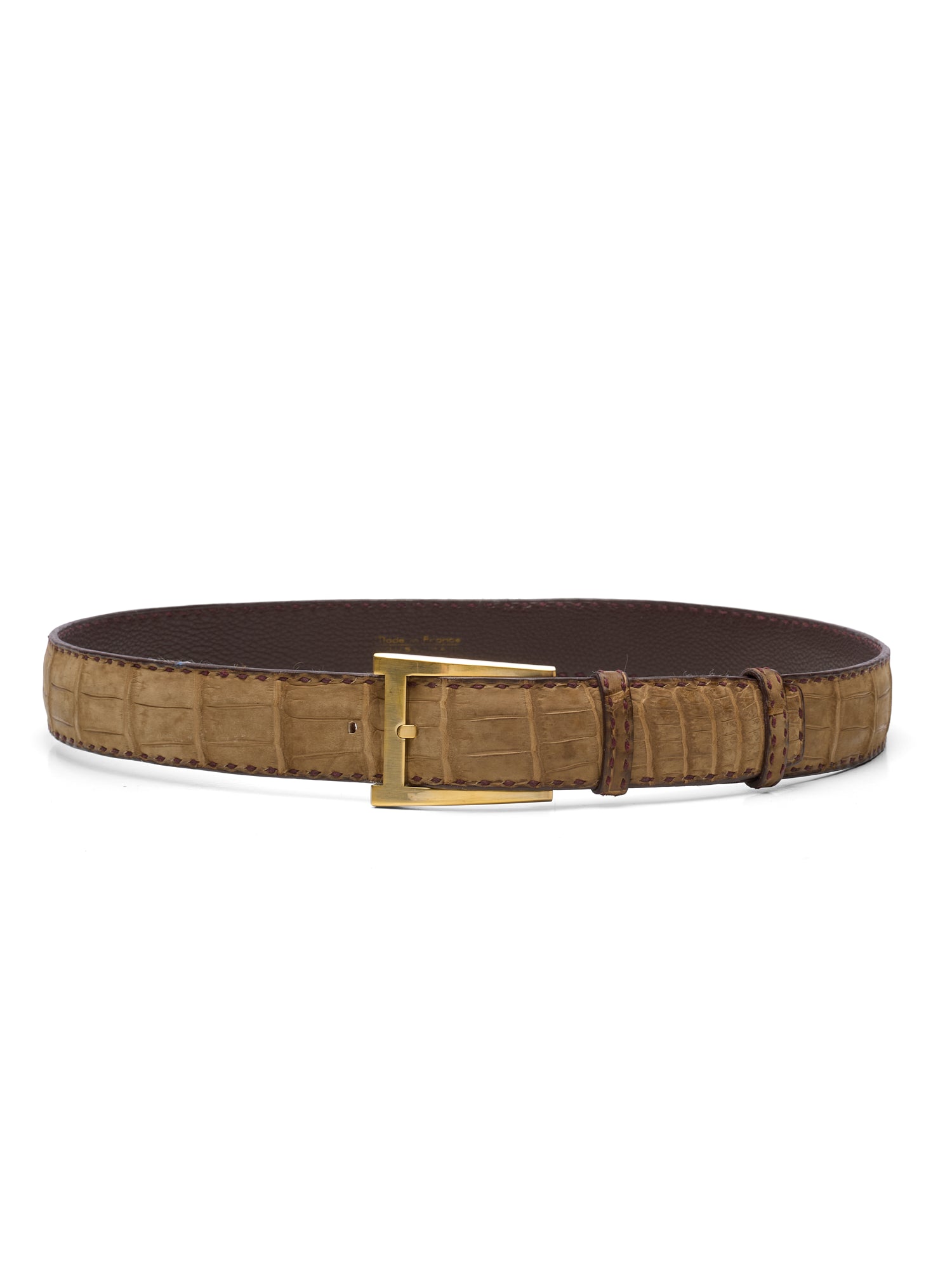 DURET Paris Sand Nubuck Crocodile Handstiched Belt with Gold Alpha Buckle 36" 90cm