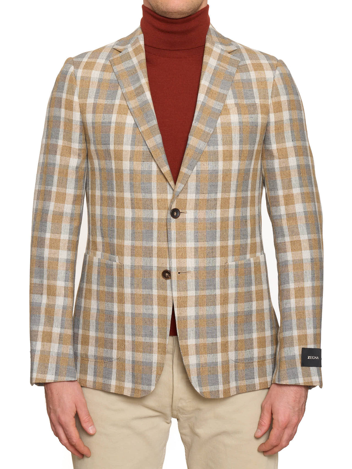 ERMENEGILDO ZEGNA Beige Plaid Wool-Silk-Linen Sport Jacket NEW