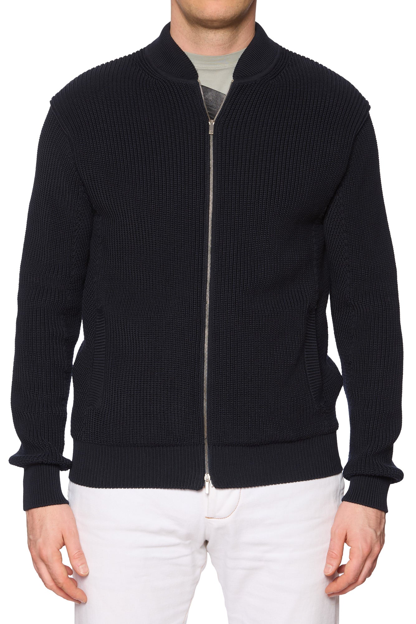 ERMENEGILDO ZEGNA Blue Wool Leather Knit Zip Sweater EU 50 US M