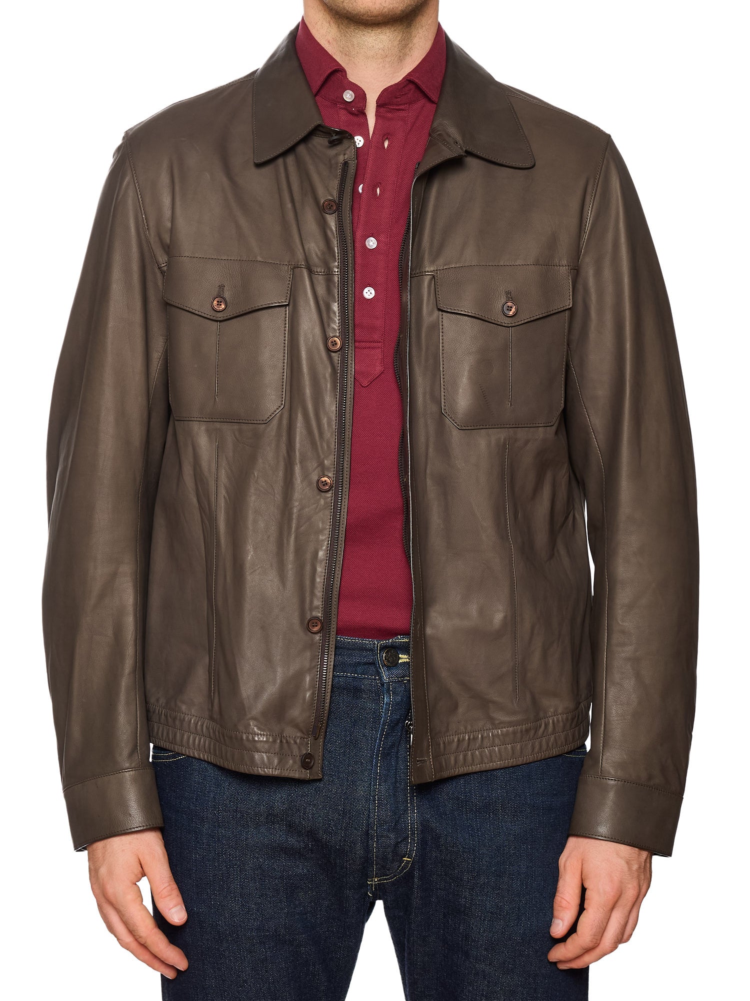 ERMENEGILDO ZEGNA Taupe Calfskin Leather Jacket