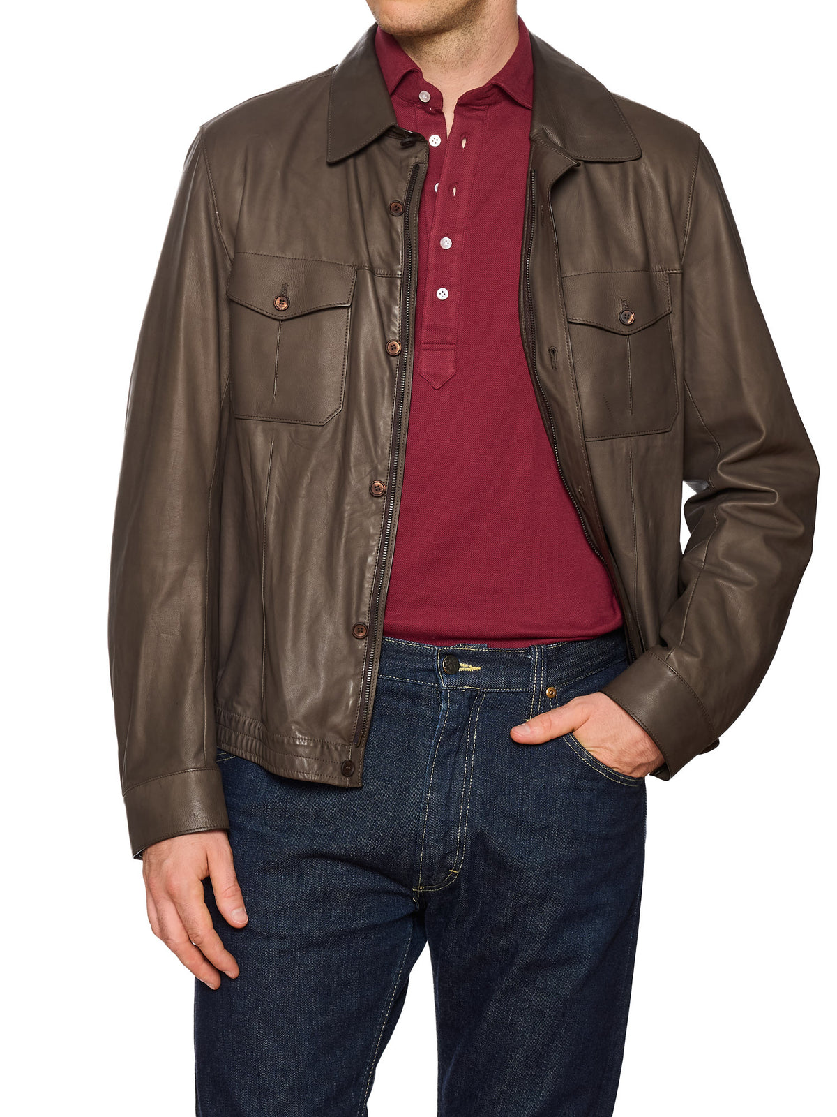 ERMENEGILDO ZEGNA Taupe Calfskin Leather Jacket
