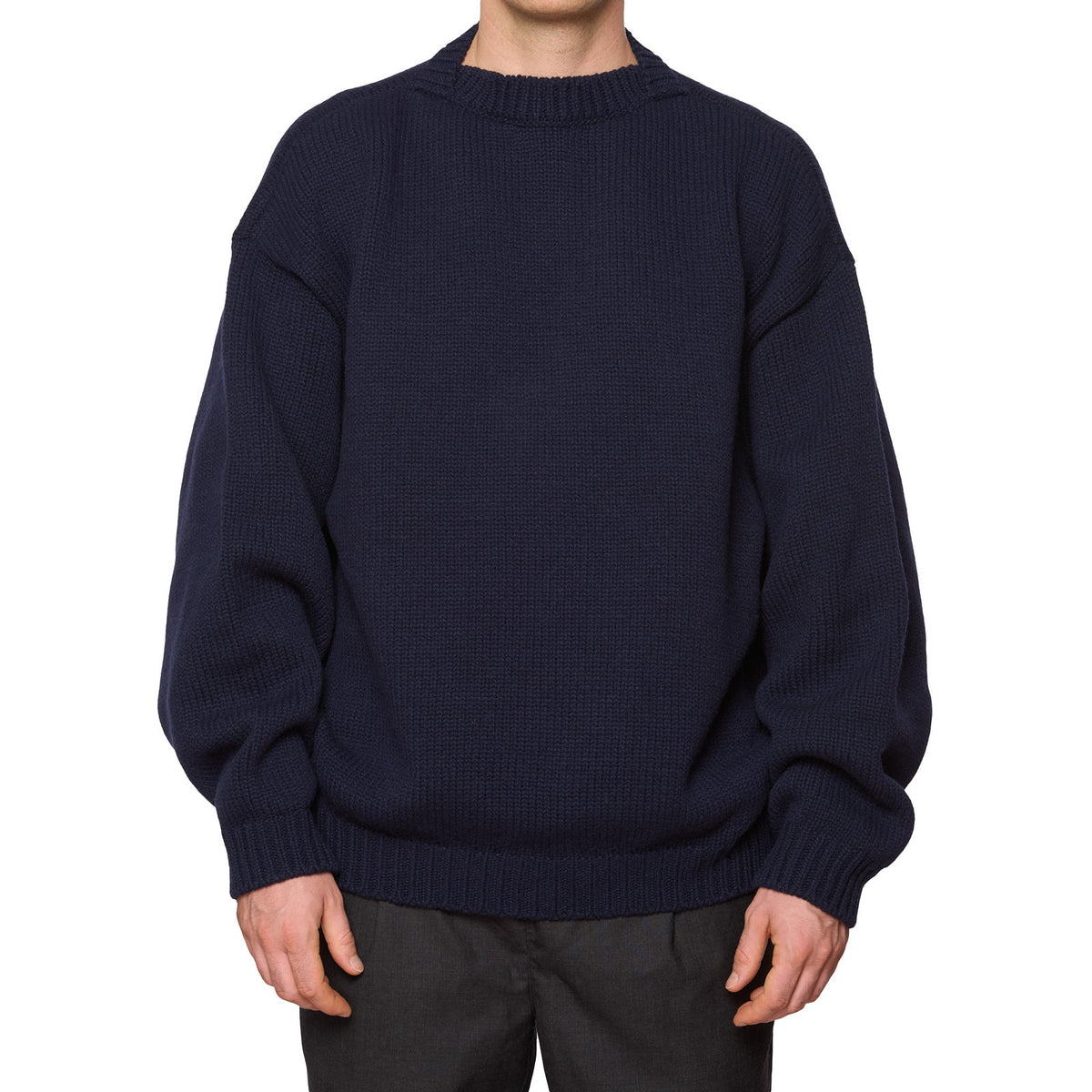 FEAR OF GOD Navy Blue Virgin Wool Chunky Knit Overlap Sweater NEW Size