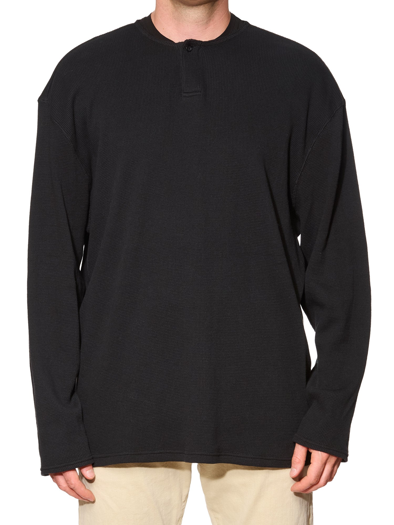 FEAR OF GOD "Essentials" Black Thermal Waffle-Knit Cotton Henley Oversized Sweater L