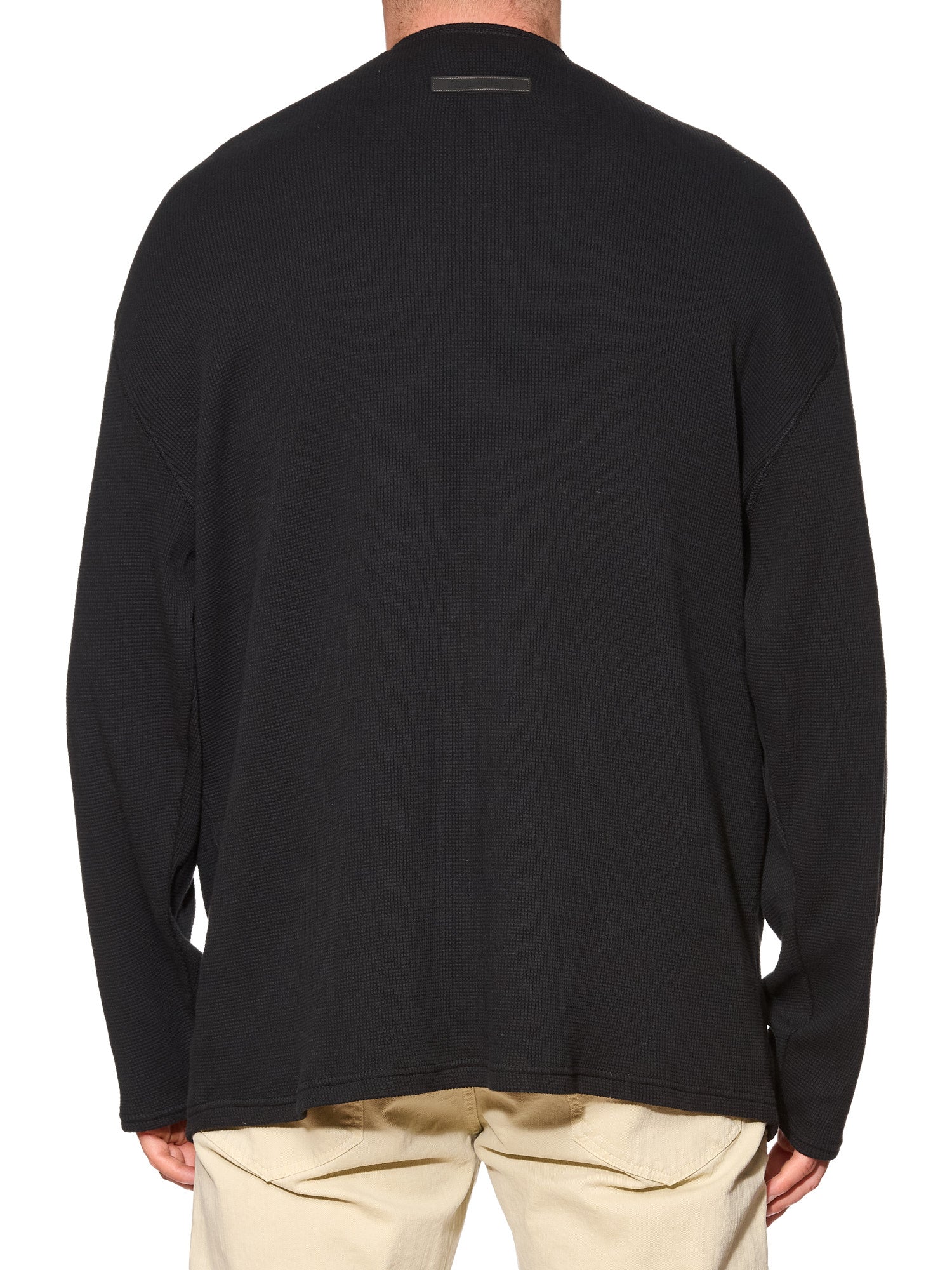 FEAR OF GOD "Essentials" Black Thermal Waffle-Knit Cotton Henley Oversized Sweater L