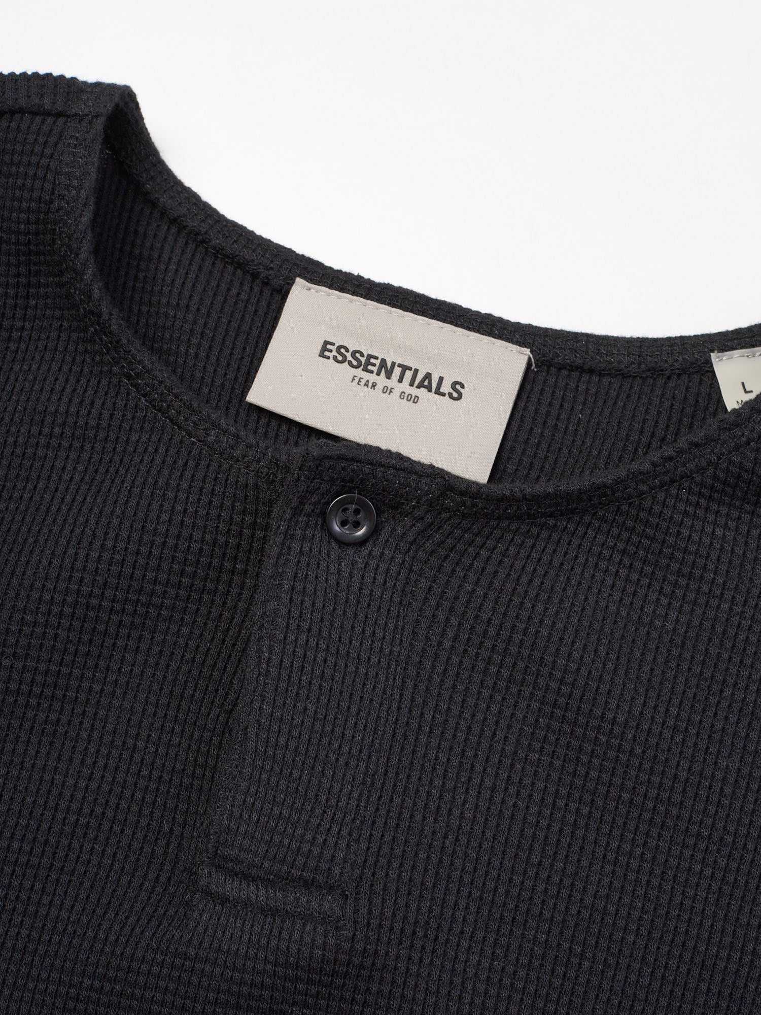 FEAR OF GOD "Essentials" Black Thermal Waffle-Knit Cotton Henley Oversized Sweater L
