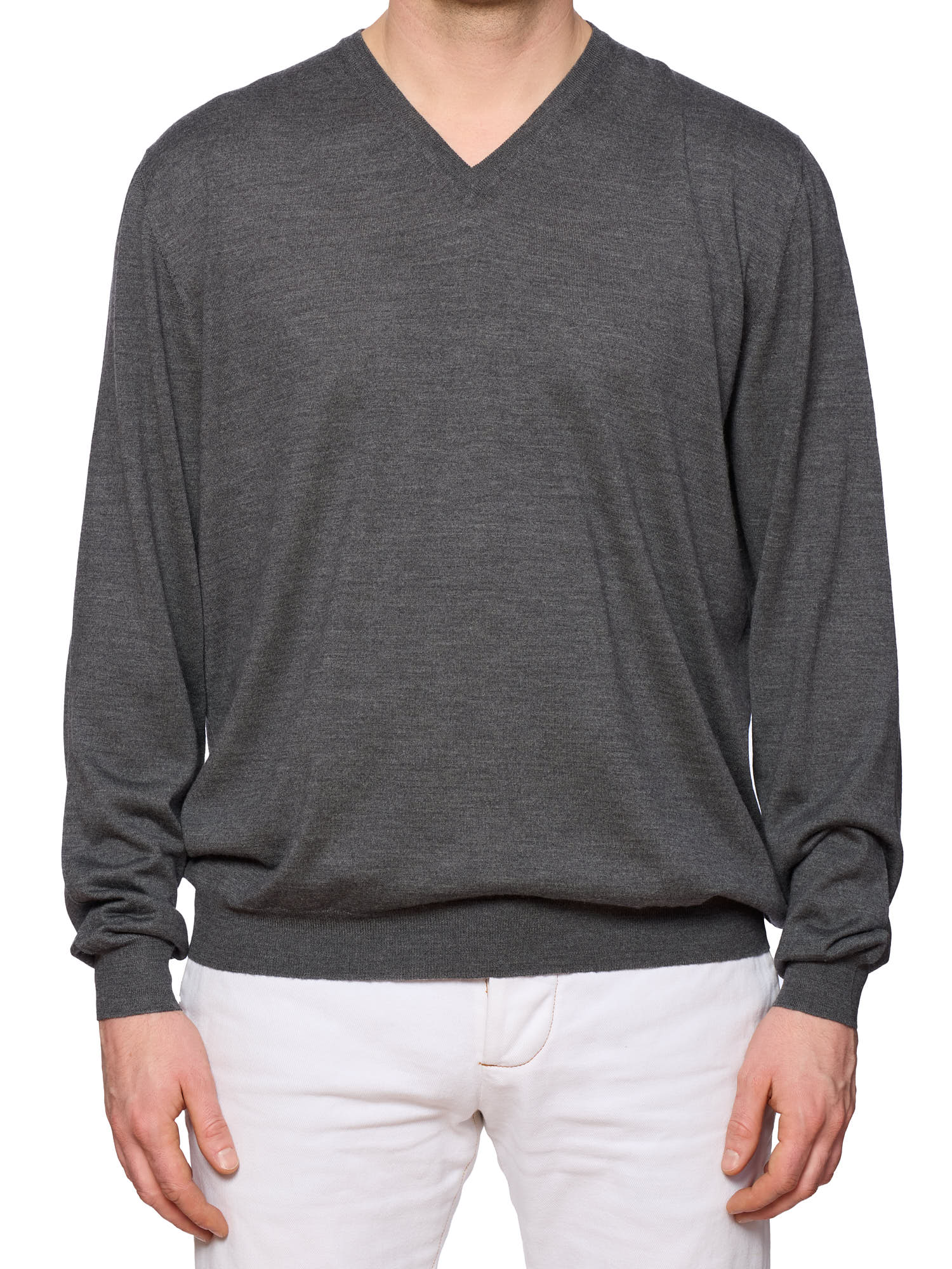 FEDELI Gray Virgin Wool V-Neck Sweater EU 58 US 2XL Slim