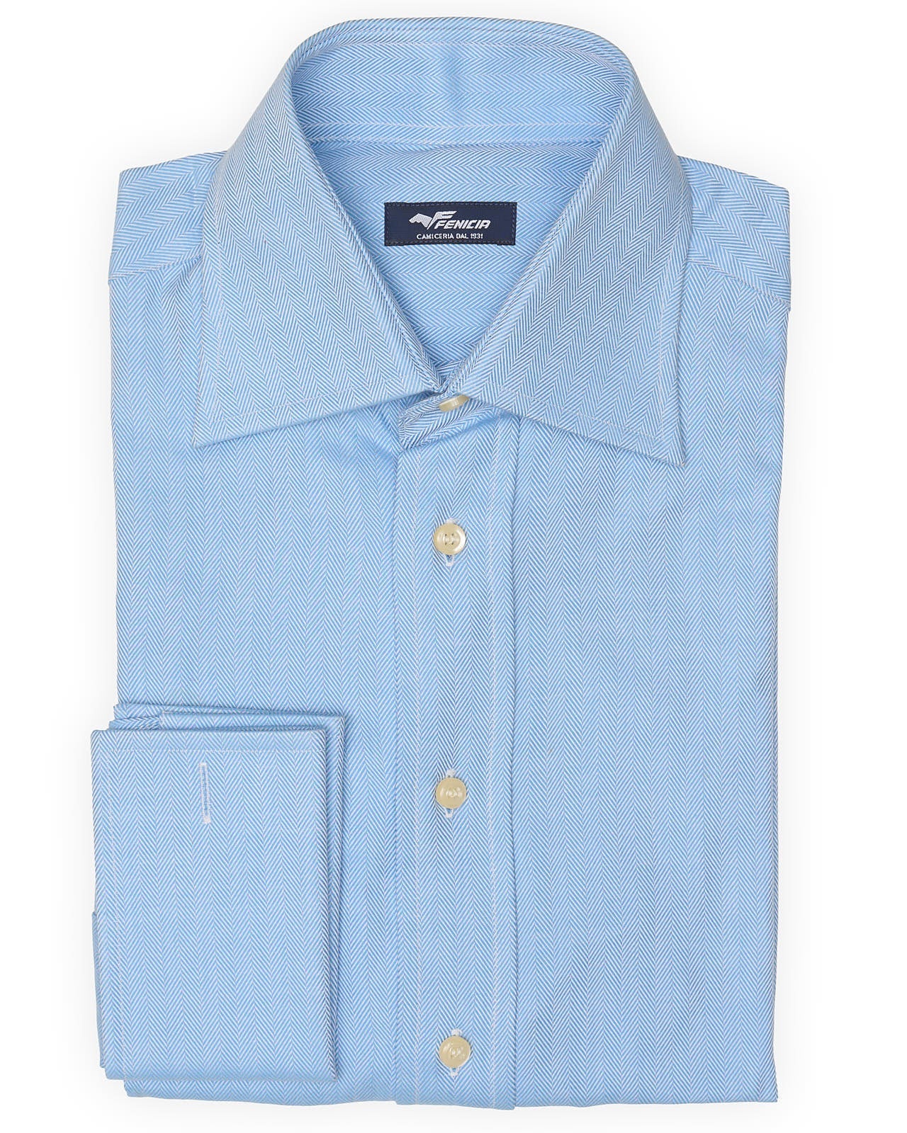 FENICIA Blue Herringbone Cotton French Cuff Dress Shirt EU 38 NEW US 15