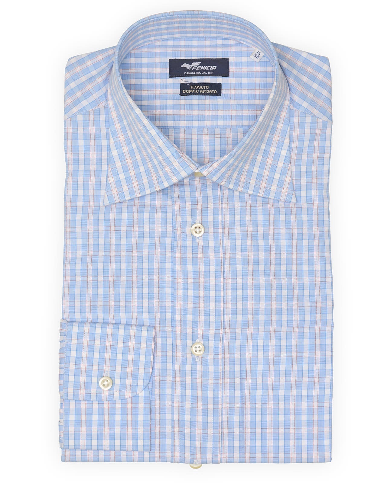 FENICIA Blue Plaid Poplin Cotton Dress Shirt EU 38 New US 15