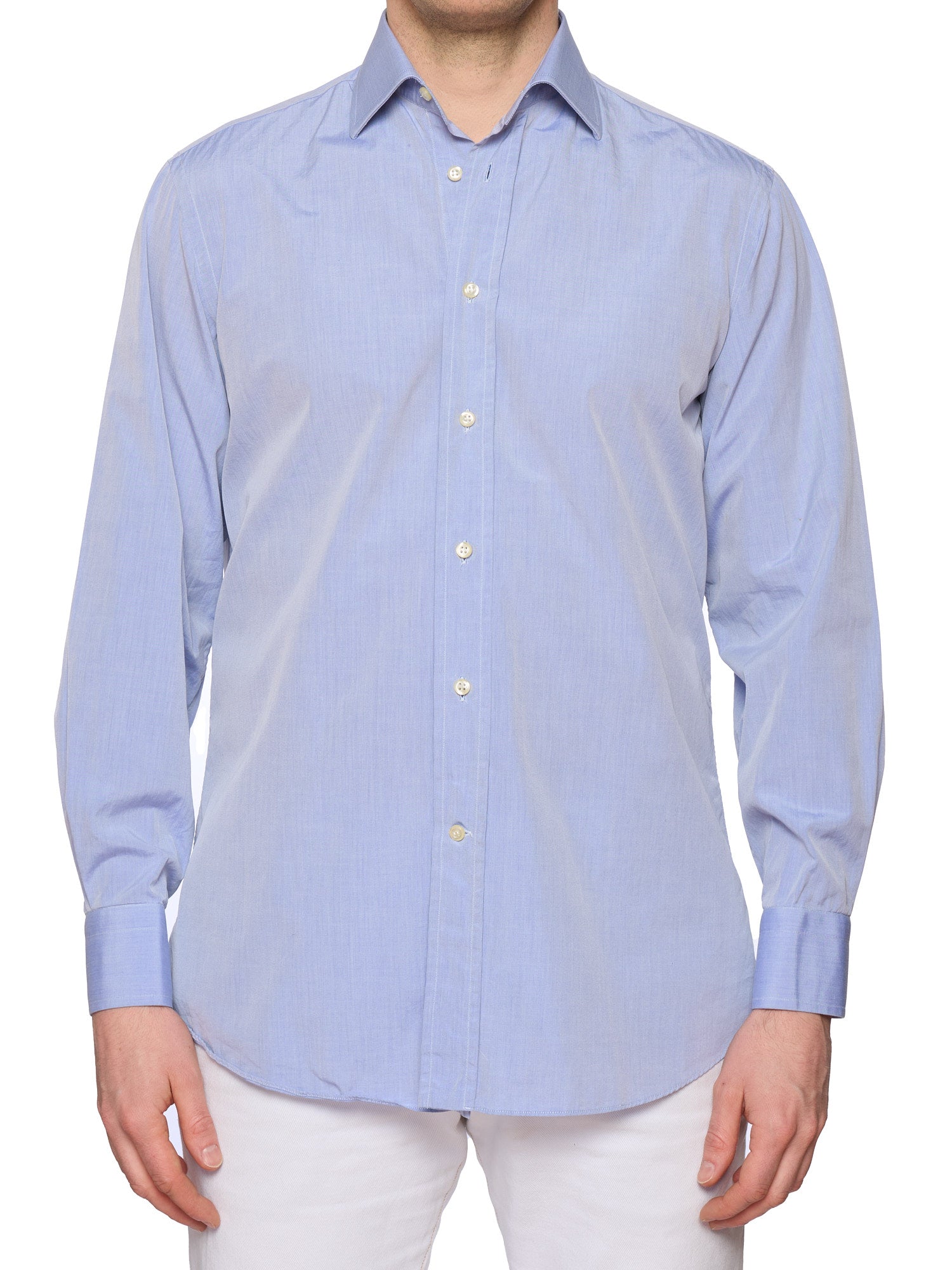 Fenicia Blue Plain Weave Cotton Standard Cuff Dress Shirt EU 38 New US 15