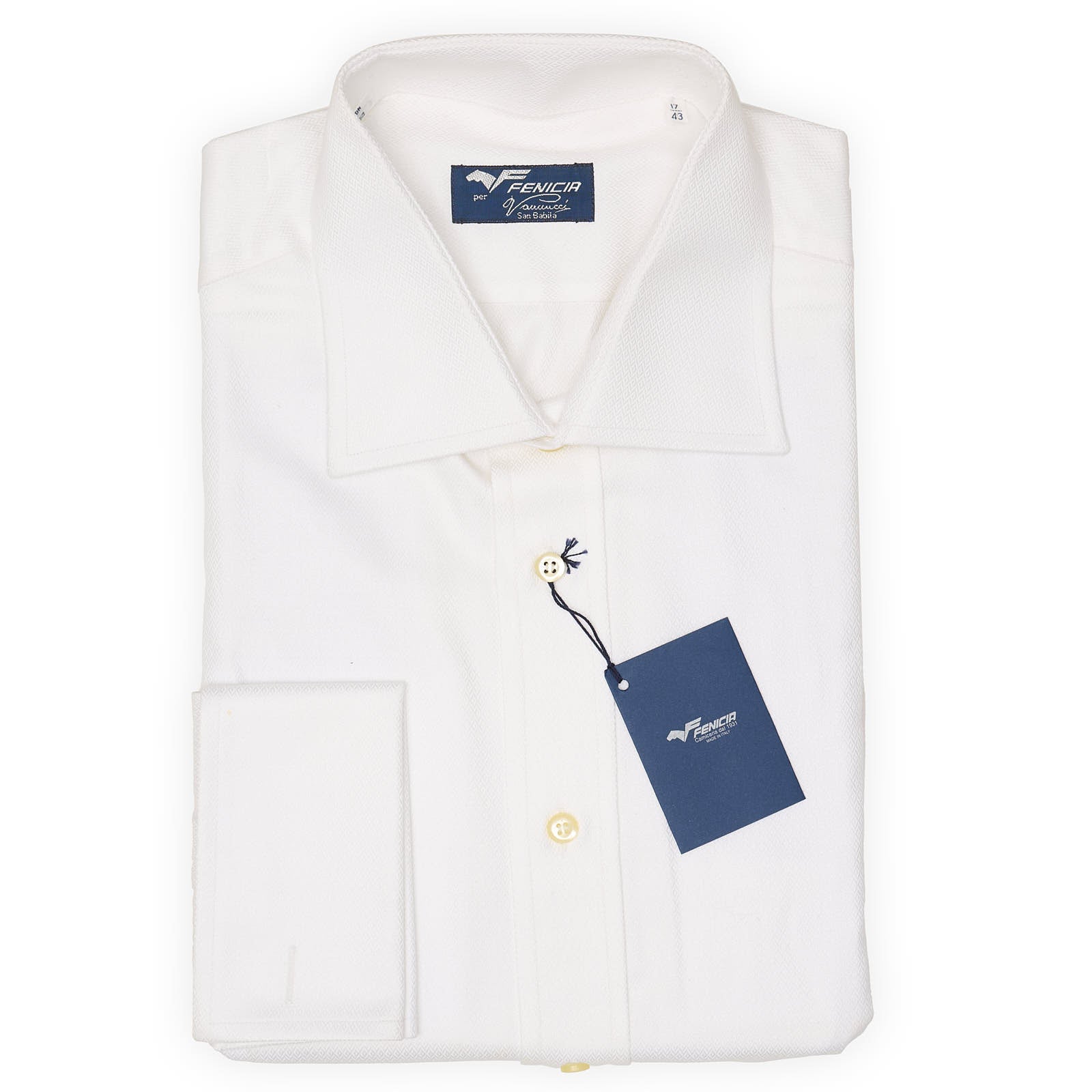 FENICIA Handmade White Dobby Cotton French Cuff Dress Shirt EU 39 US N