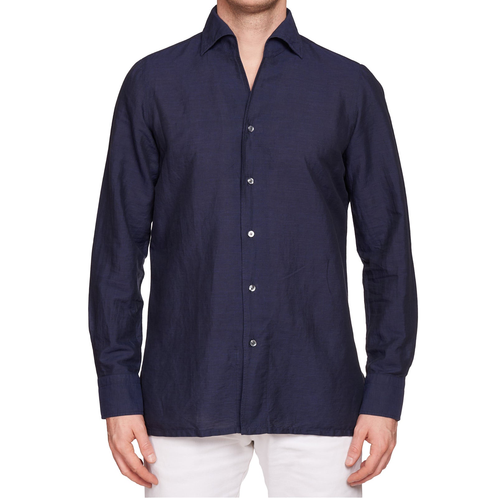 FINAMORE Handmade "Gaeta" Blue Cotton-Linen Button-Down Shirt 40 NEW US 15.75 FINAMORE