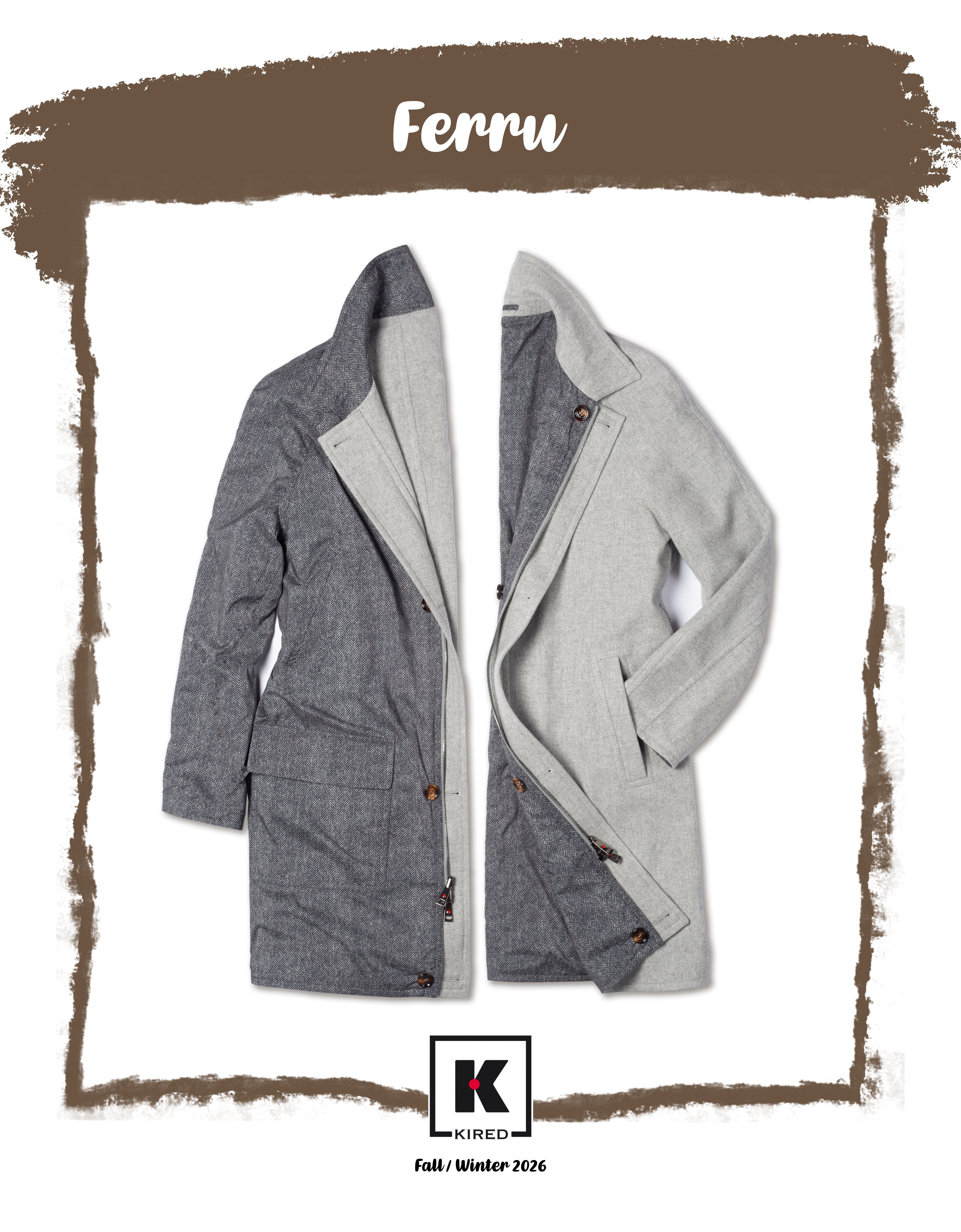 KITON KIRED "Ferru" Gray-Herringbone Reversible Double Face Coat 2026