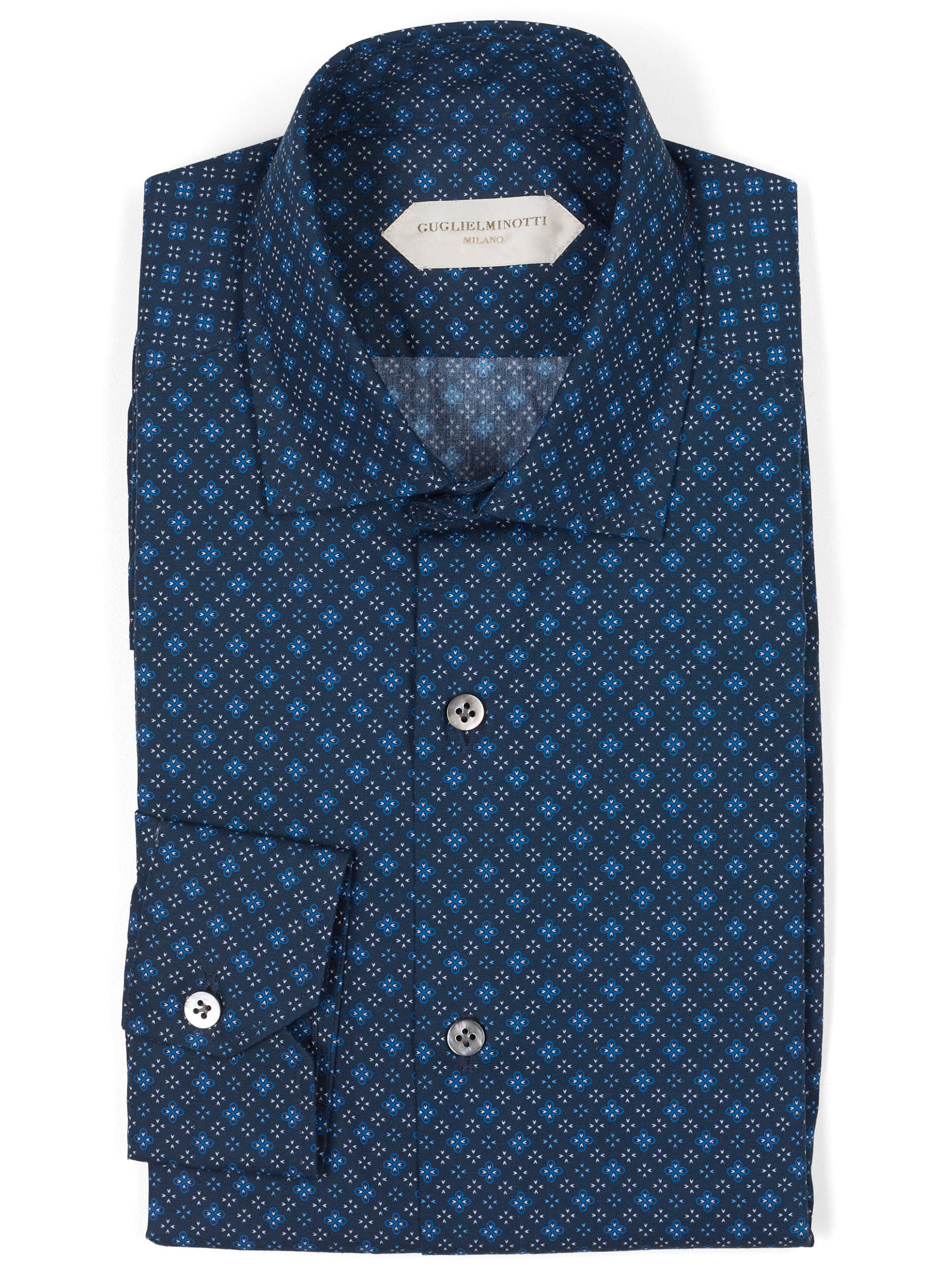 GUGLIELMINOTTI Milano Navy Blue Medallion Cotton Dress Shirt