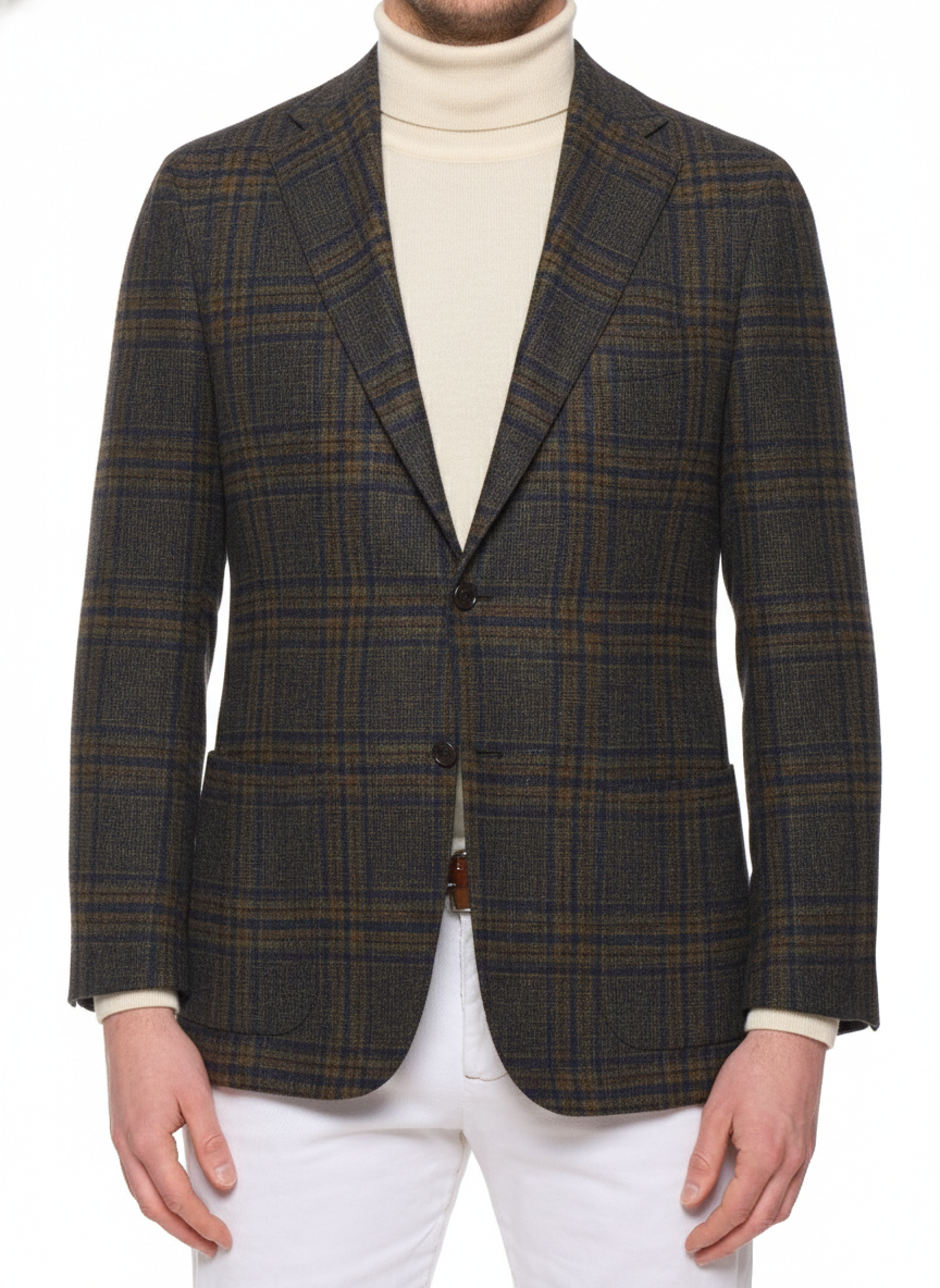 KITON Napoli Handmade Green Prince of Wales Check Cashmere Jacket Blazer