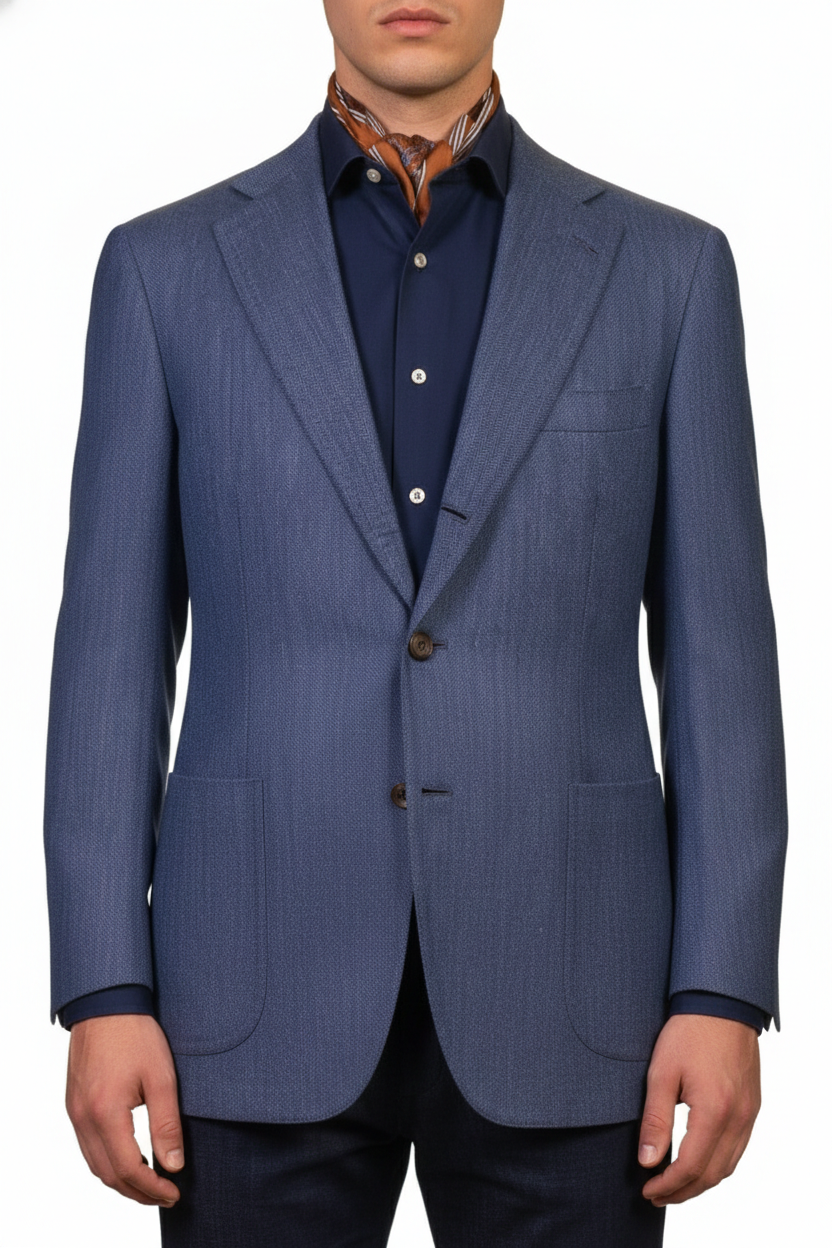 RUBINACCI LH Handmade Bespoke Blue Herringbone Wool Linen Jacket 44-46 Short