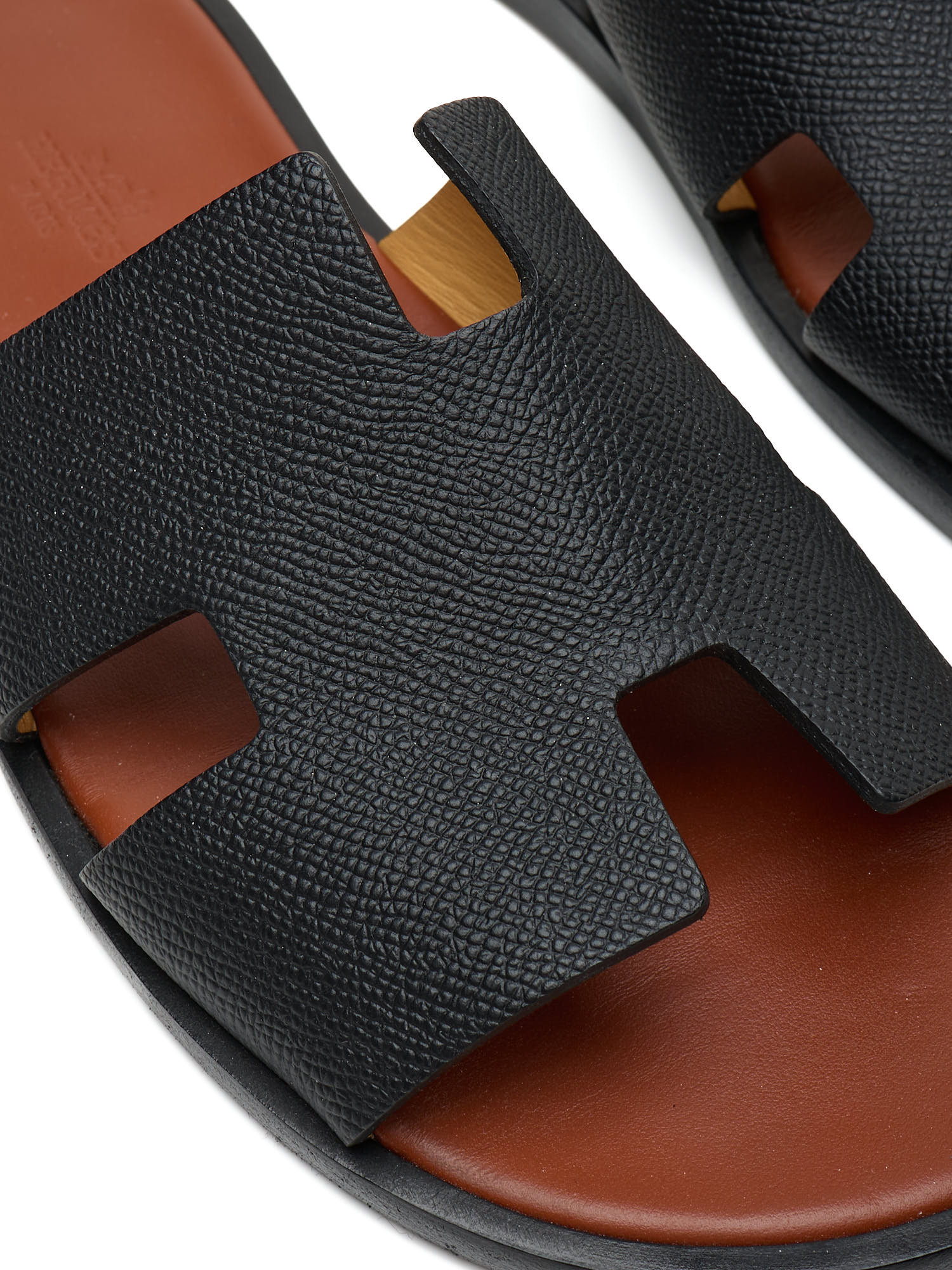 HERMES Izmir Black EpsomLeather ''H'' Cut-out Calfskin Sandals