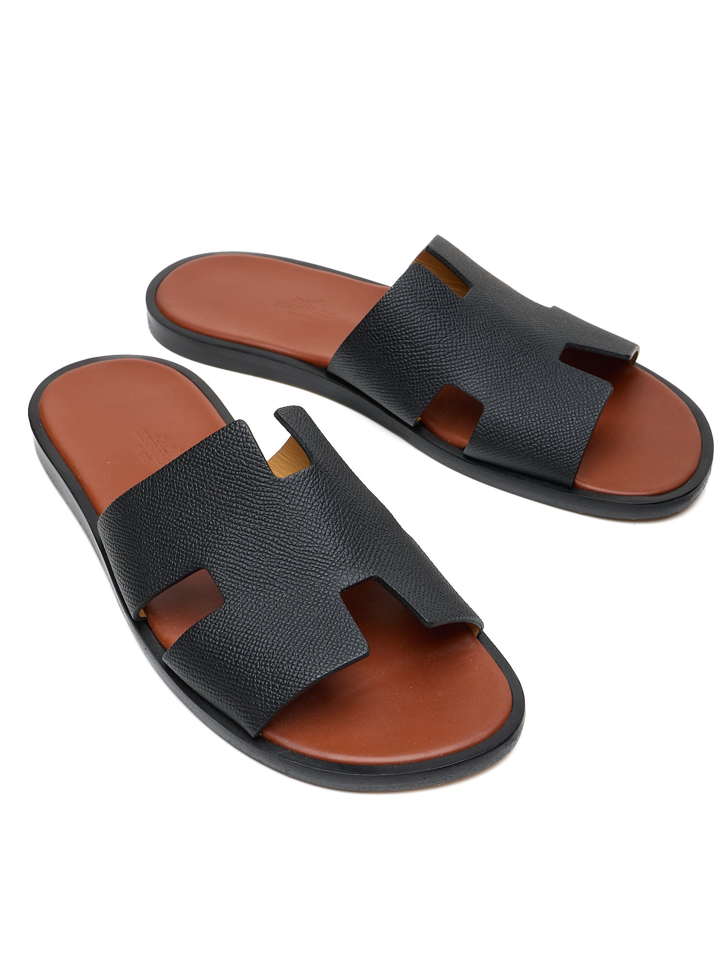 HERMES Izmir Black EpsomLeather ''H'' Cut-out Calfskin Sandals