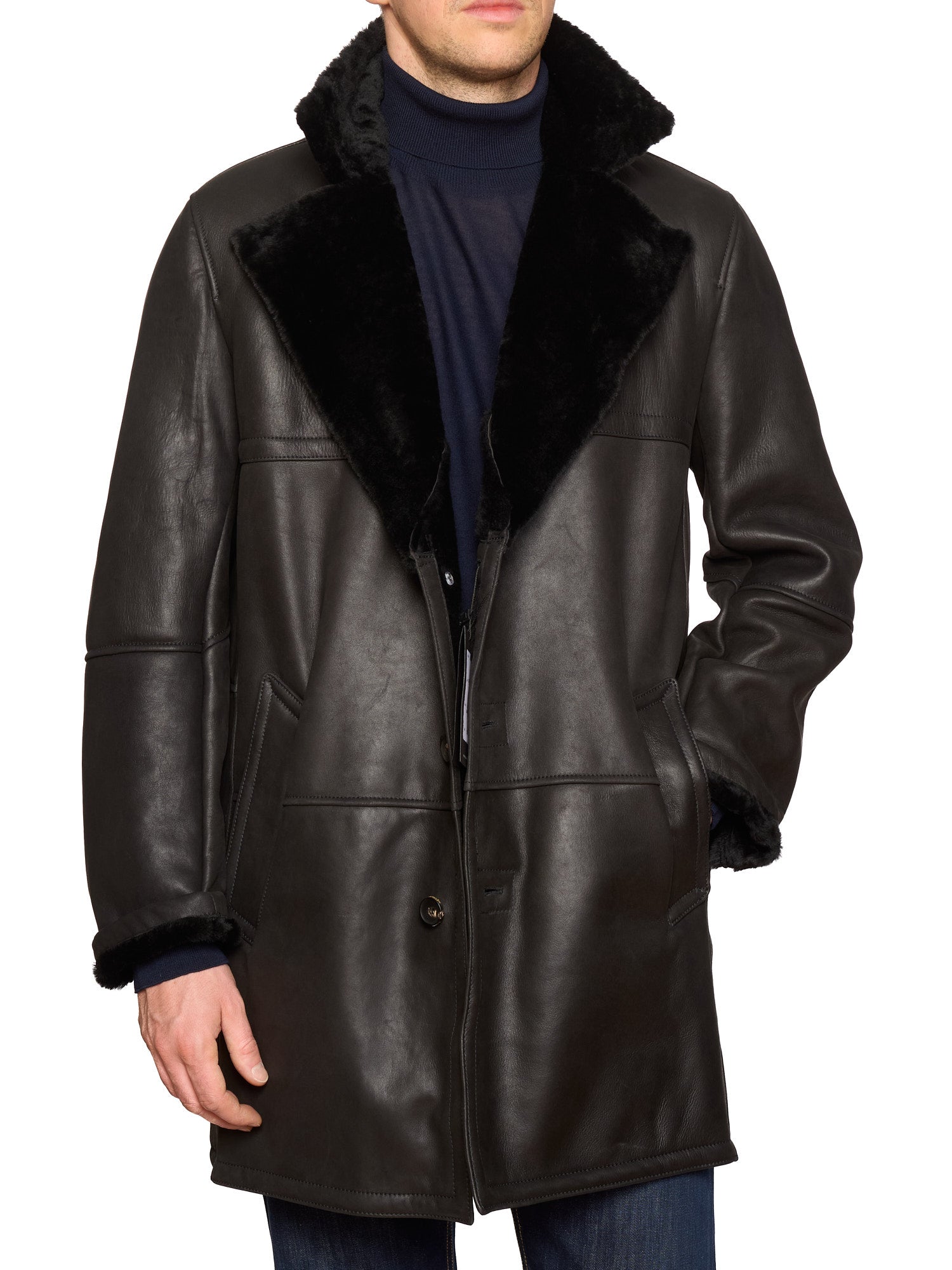 HETTABRETZ Black Leather Mouton Fur Lined Shearling Coat