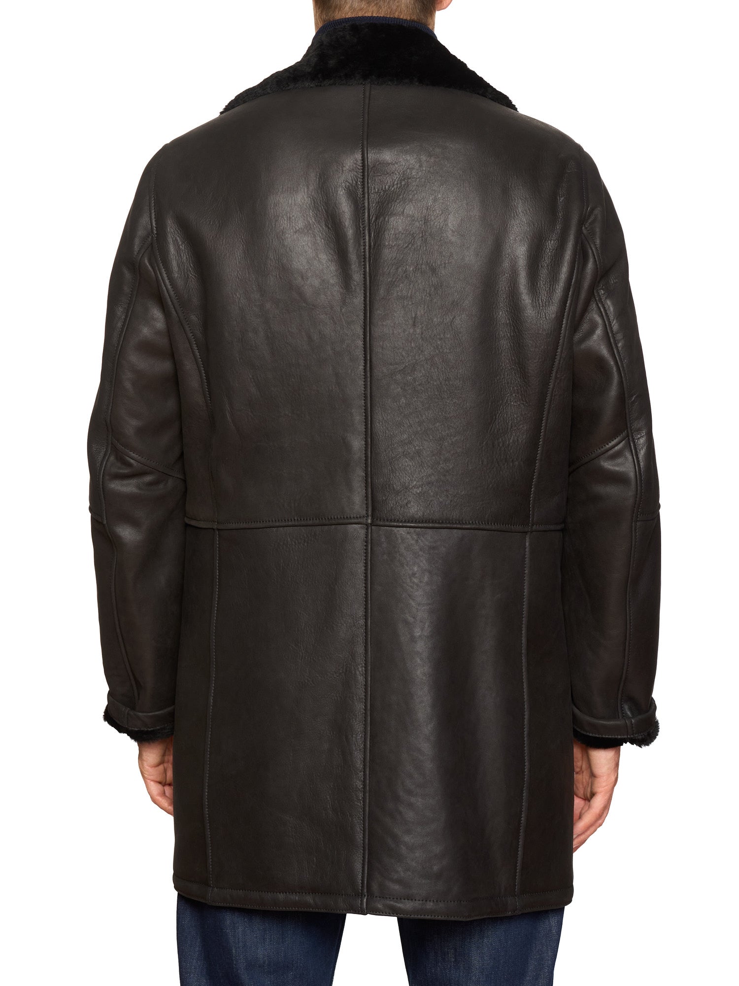 HETTABRETZ Black Leather Mouton Fur Lined Shearling Coat