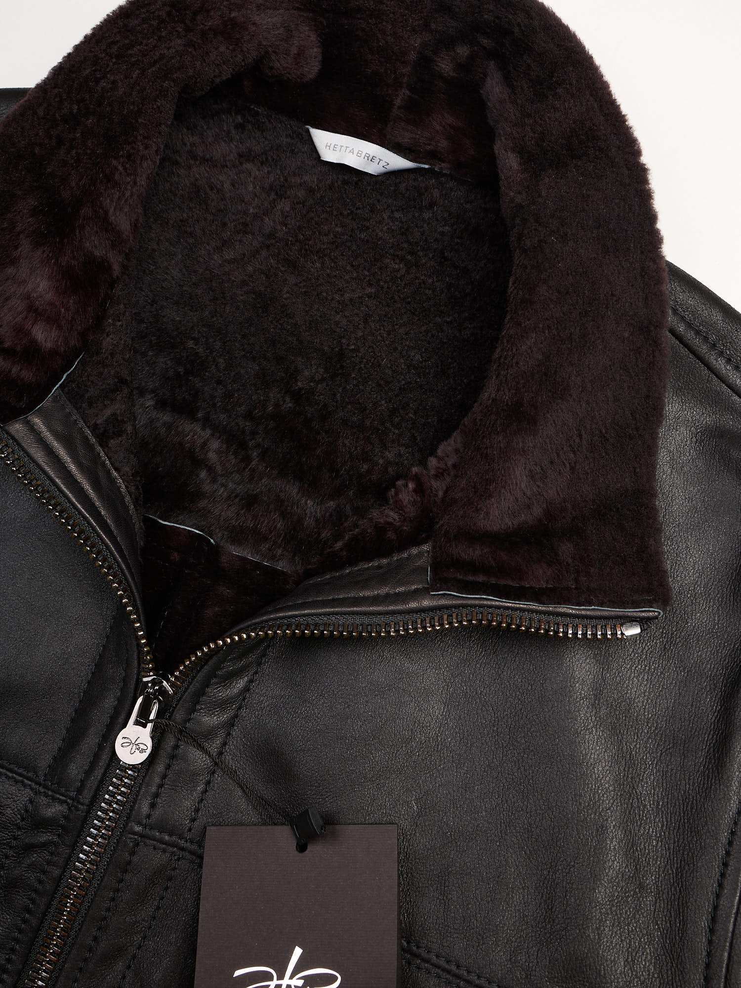 HETTABRETZ Black Shearling Biker Aviator Fur Lined Bomber Jacket Slim