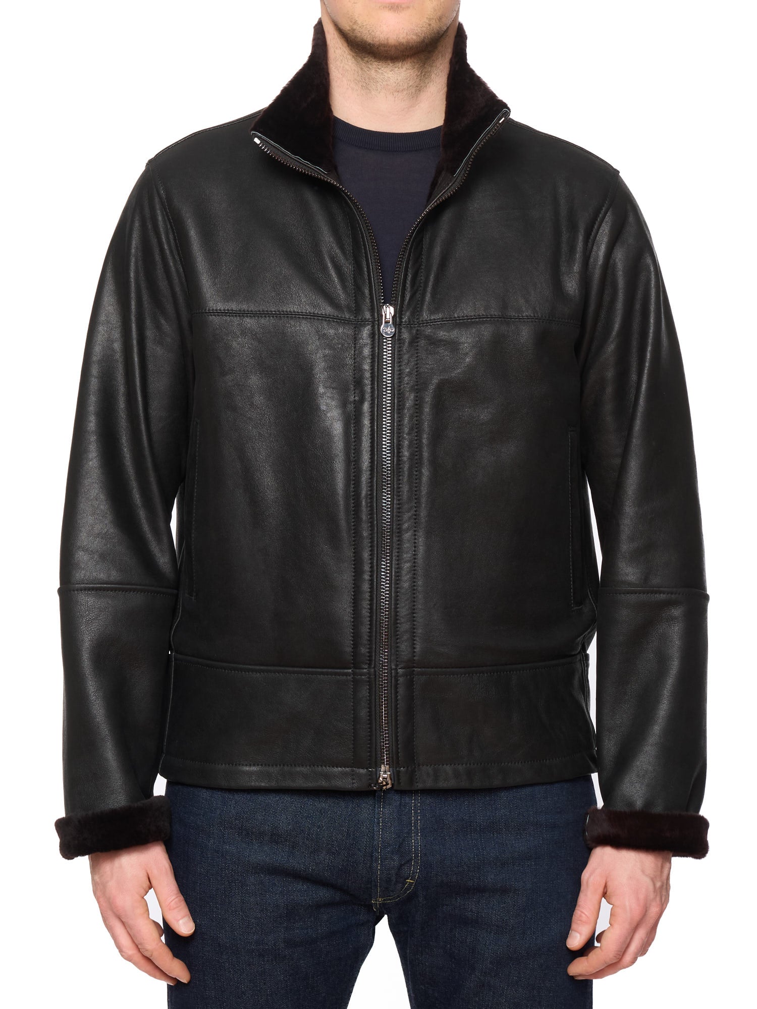 HETTABRETZ Black Shearling Biker Aviator Fur Lined Bomber Jacket Slim