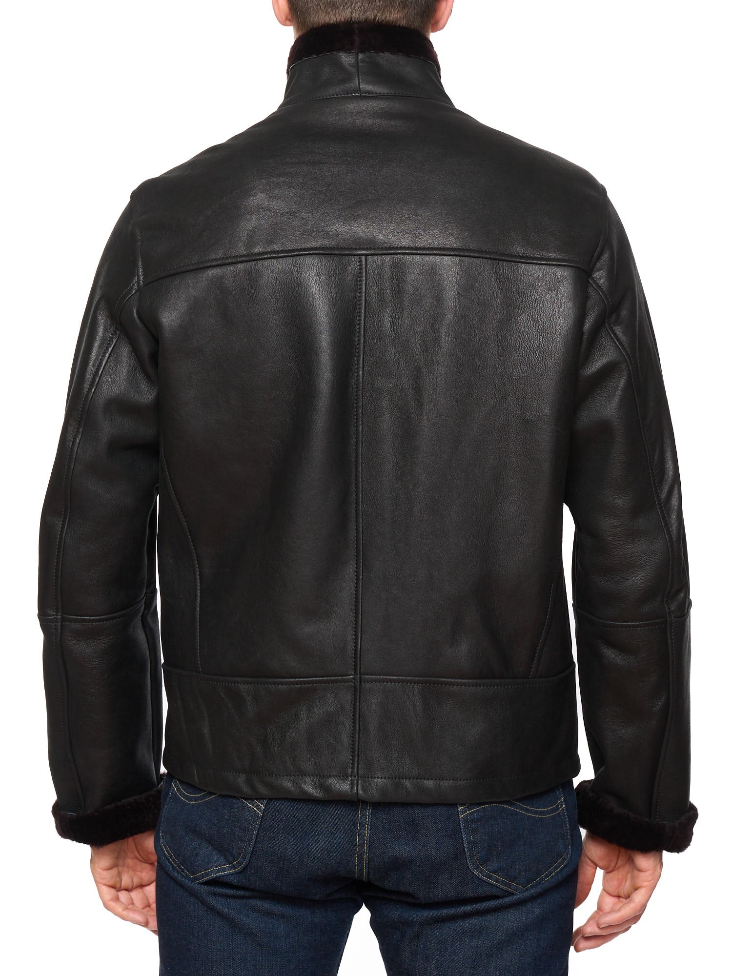 HETTABRETZ Black Shearling Biker Aviator Fur Lined Bomber Jacket Slim