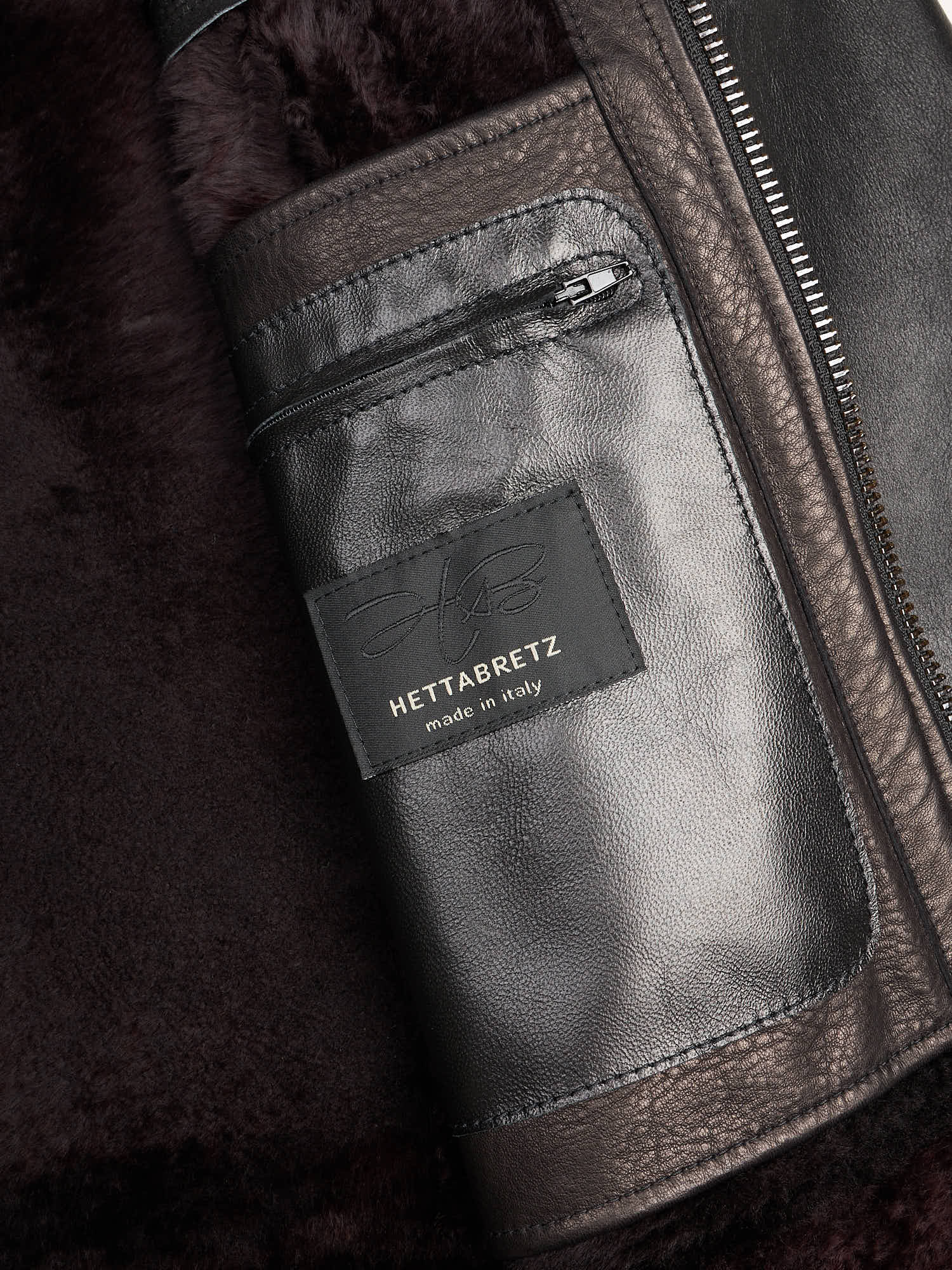 HETTABRETZ Black Shearling Biker Aviator Fur Lined Bomber Jacket Slim