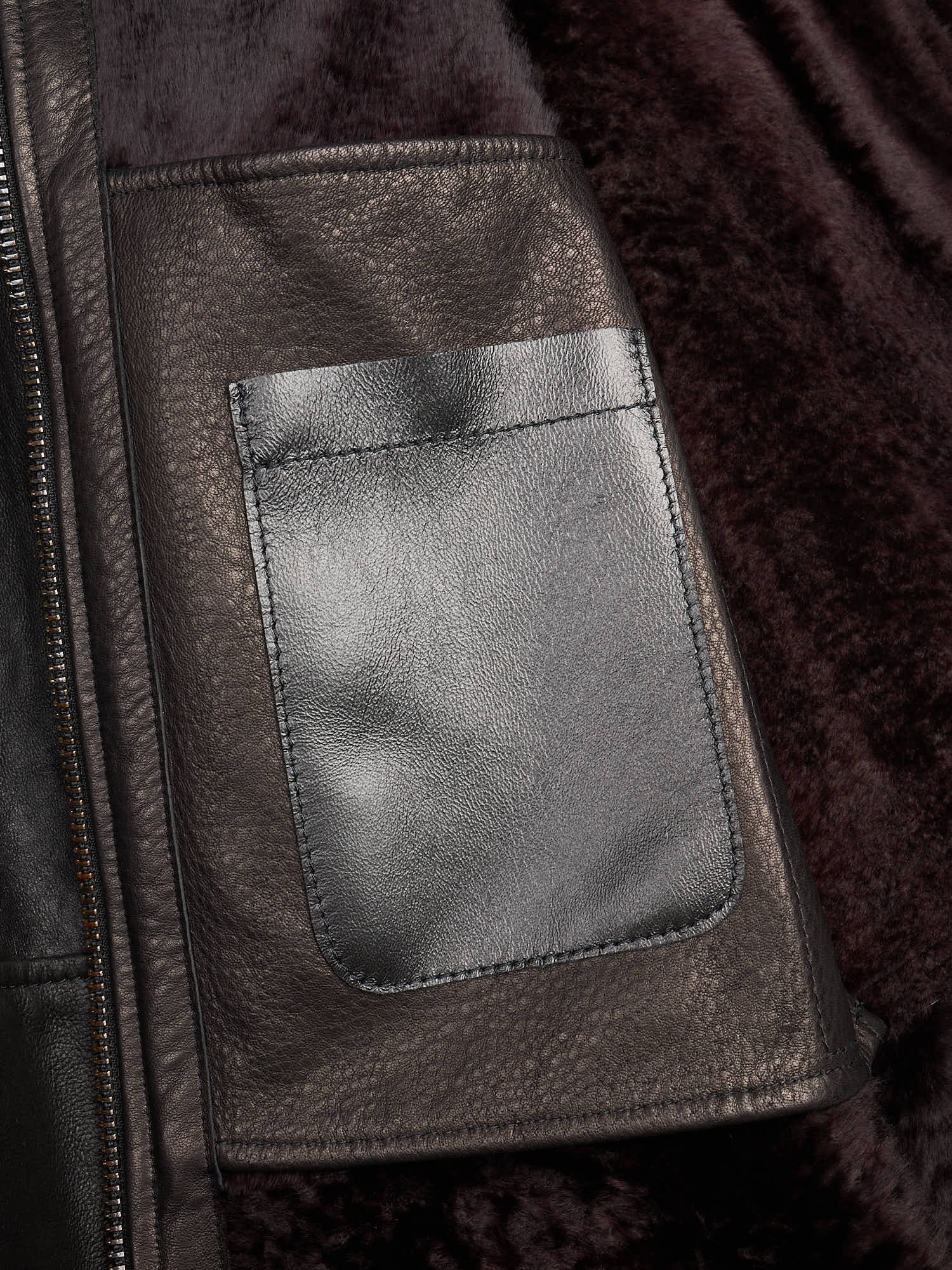 HETTABRETZ Black Shearling Biker Aviator Fur Lined Bomber Jacket Slim