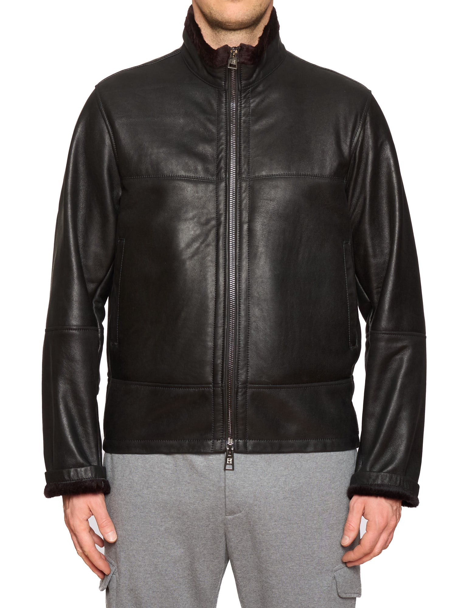 HETTABRETZ Black Shearling Biker Aviator Fur Lined Bomber Jacket Slim