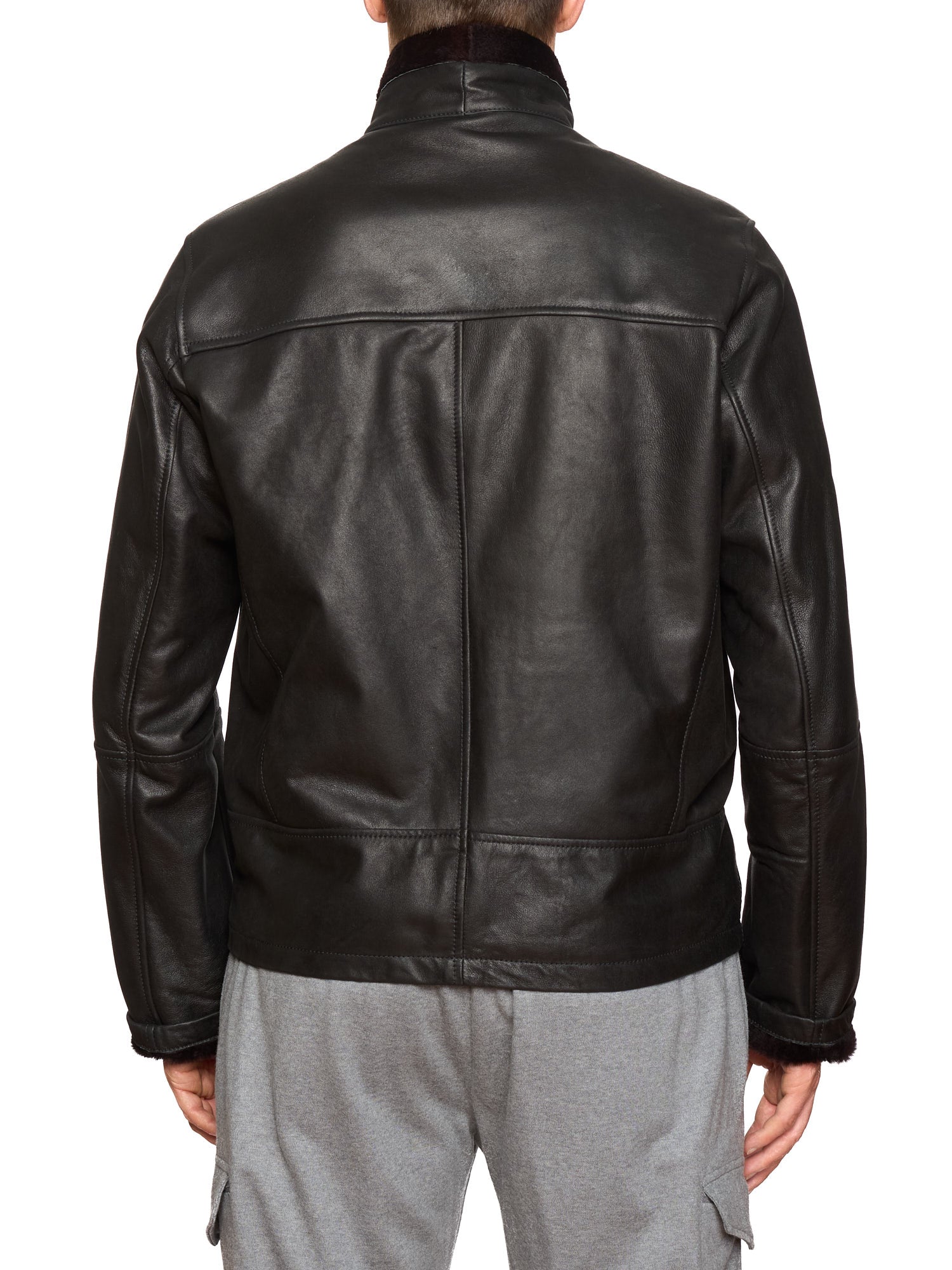 HETTABRETZ Black Shearling Biker Aviator Fur Lined Bomber Jacket Slim