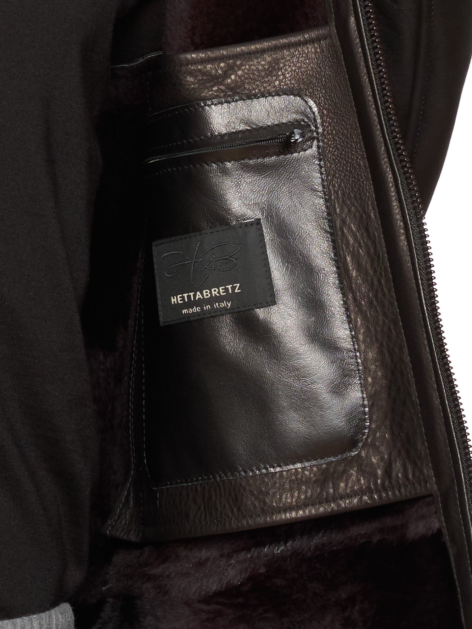 HETTABRETZ Black Shearling Biker Aviator Fur Lined Bomber Jacket Slim