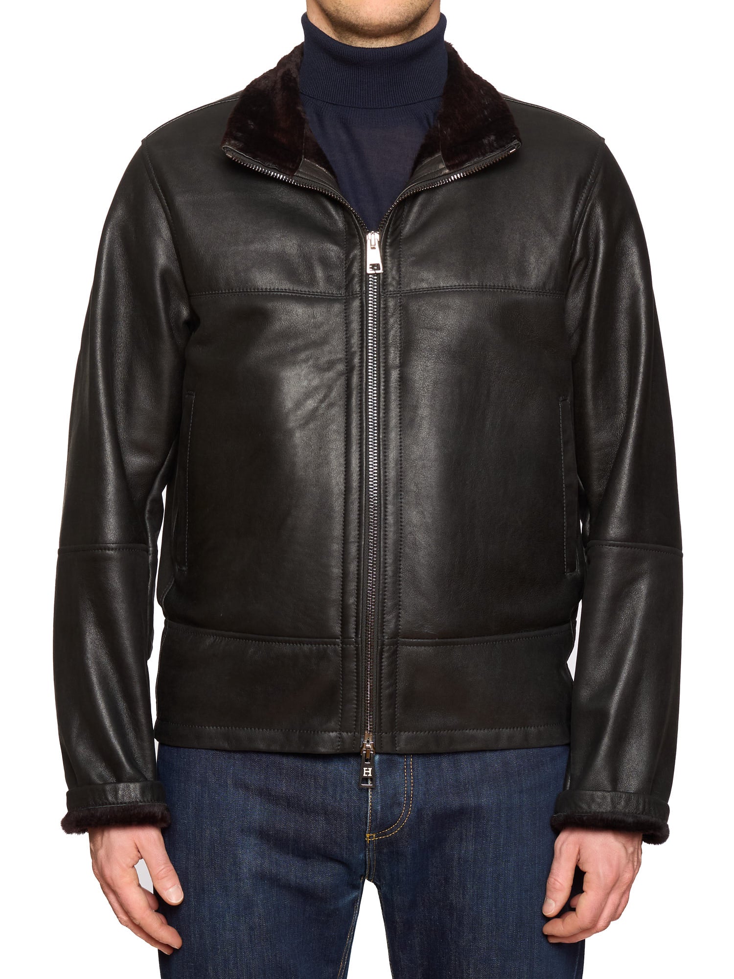 HETTABRETZ Black Shearling Biker Aviator Fur Lined Bomber Jacket Slim