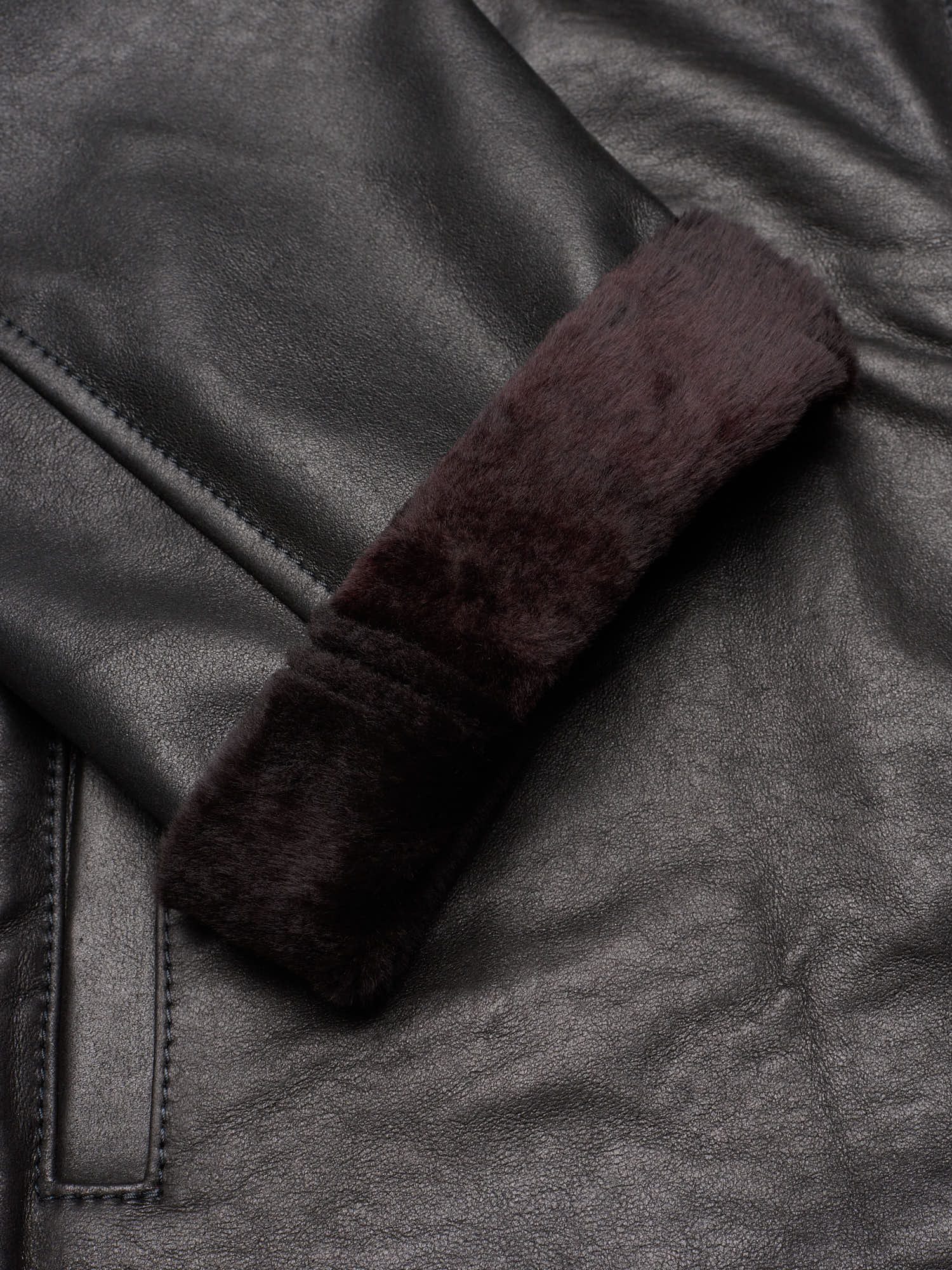 HETTABRETZ Black Shearling Biker Aviator Fur Lined Bomber Jacket Slim