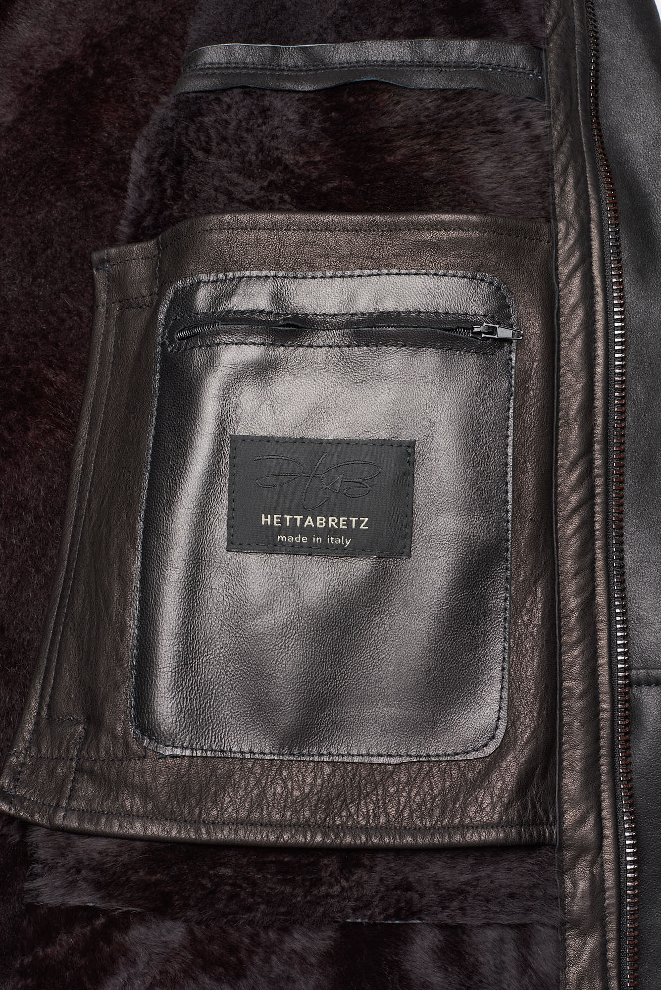 HETTABRETZ Black Shearling Biker Aviator Fur Lined Bomber Jacket Slim