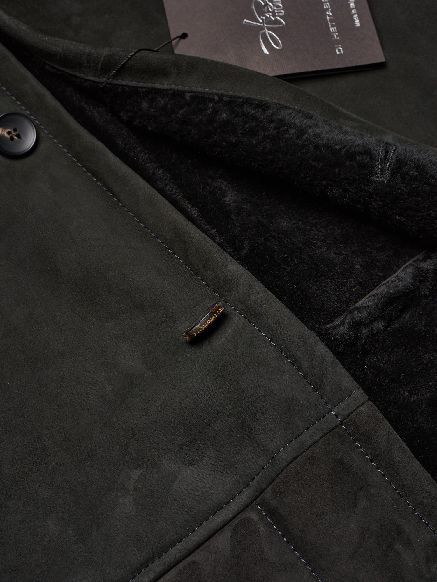 HETTABRETZ Black Suede Shearling Leather Fur Coat Overcoat