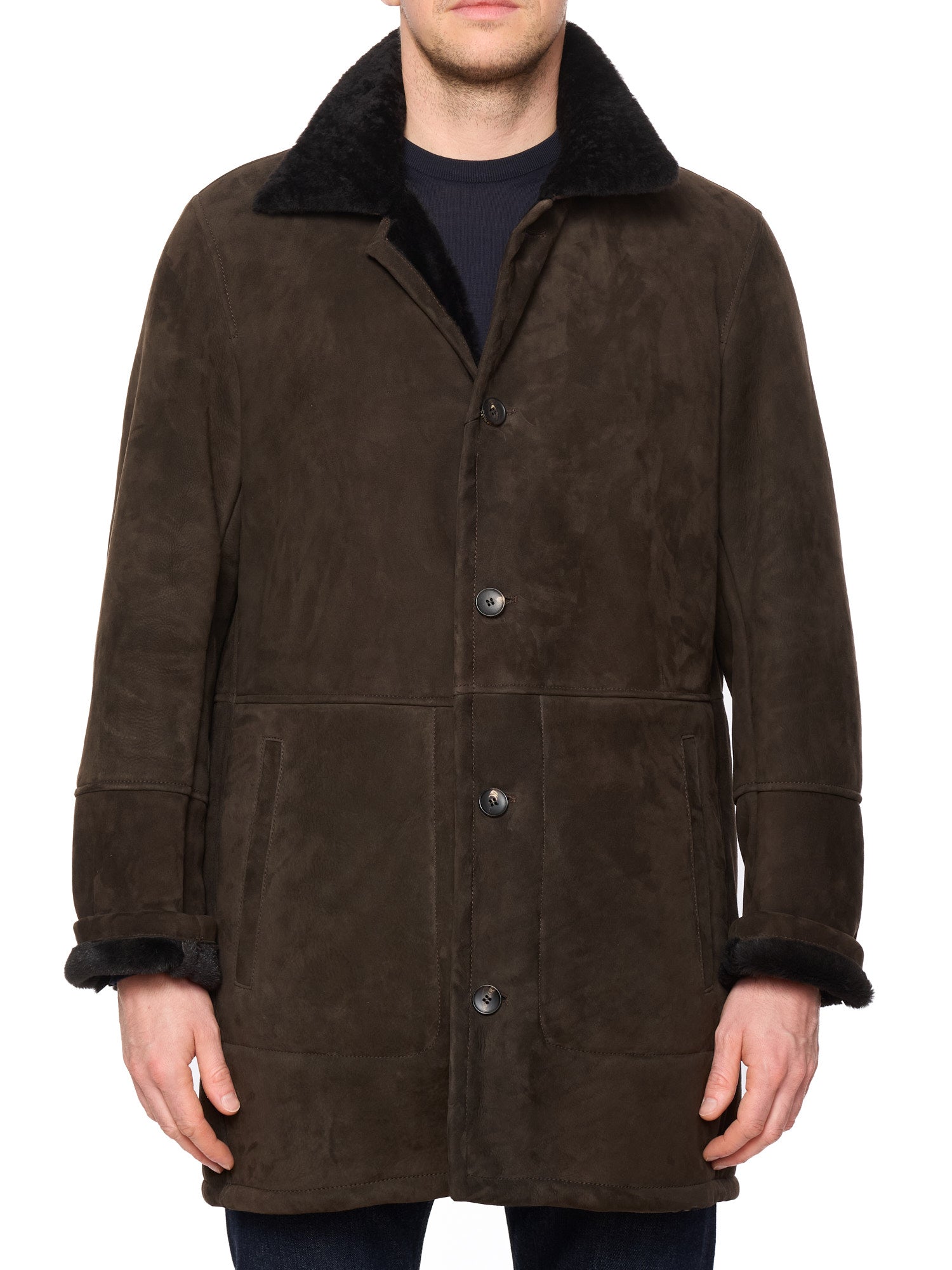 HETTABRETZ Brown Suede Shearling Leather Fur Coat Overcoat