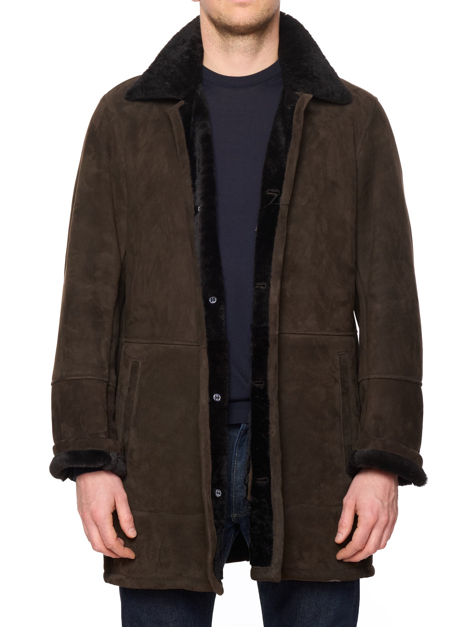 HETTABRETZ Brown Suede Shearling Leather Fur Coat Overcoat