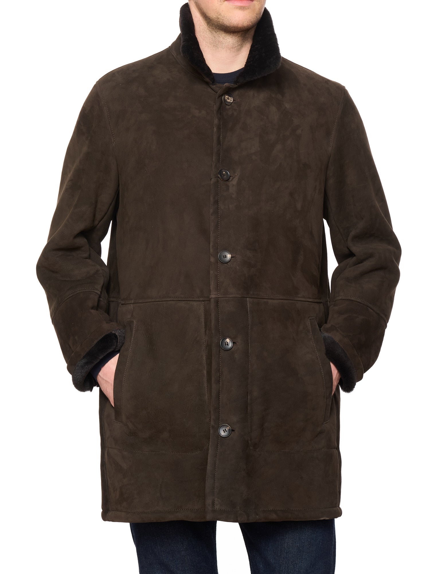 HETTABRETZ Brown Suede Shearling Leather Fur Coat Overcoat