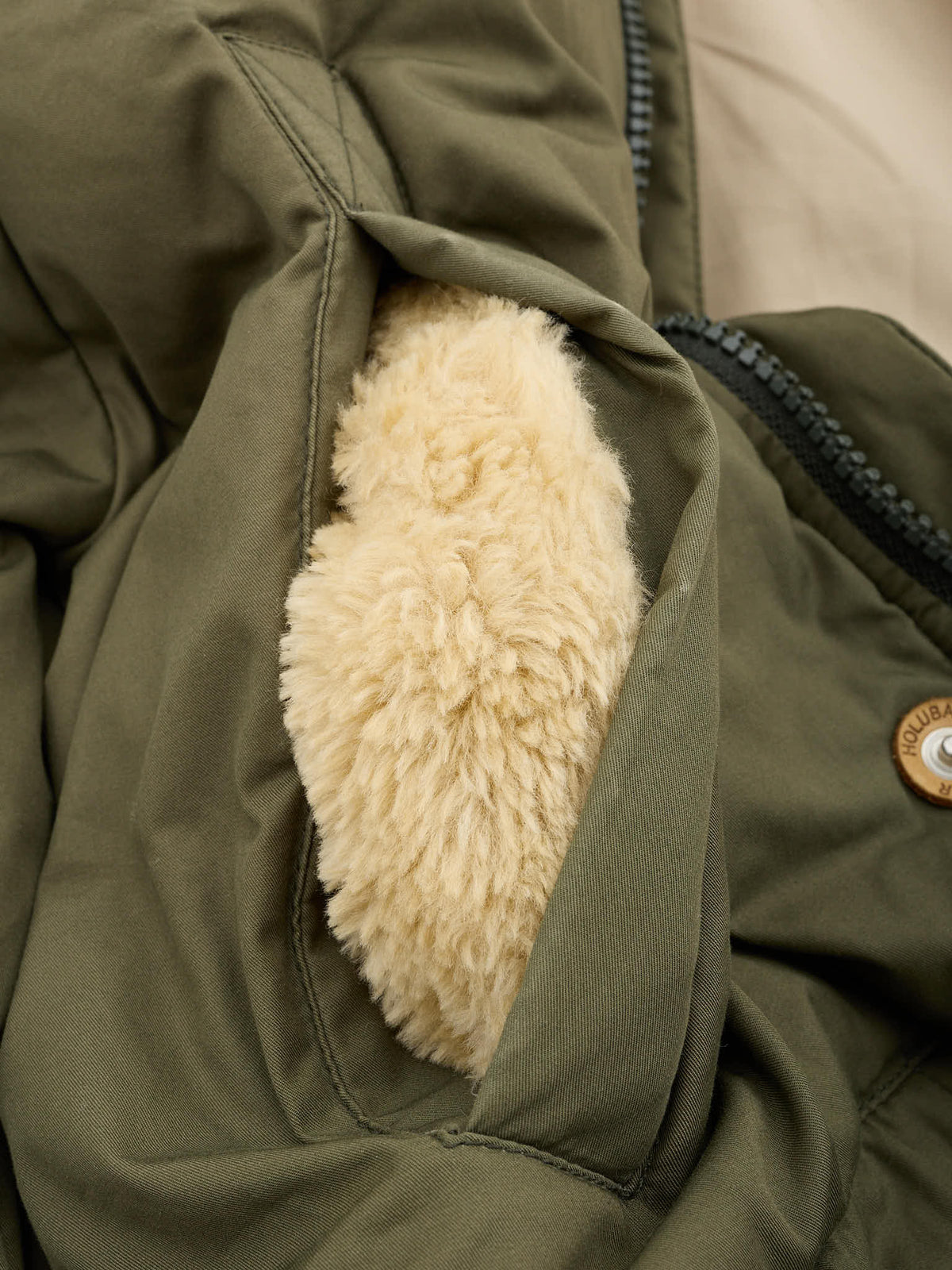 HOLUBAR "Short Boulder" Olive Green Cotton Down Filled Parka Jacket Alpaca Mohair Parts