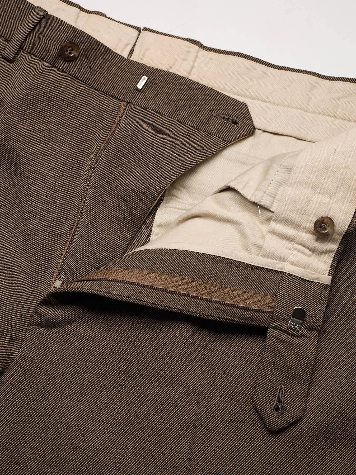 INCOTEX Missing Brown Twill Wool Flat Front Dress Pants Sample