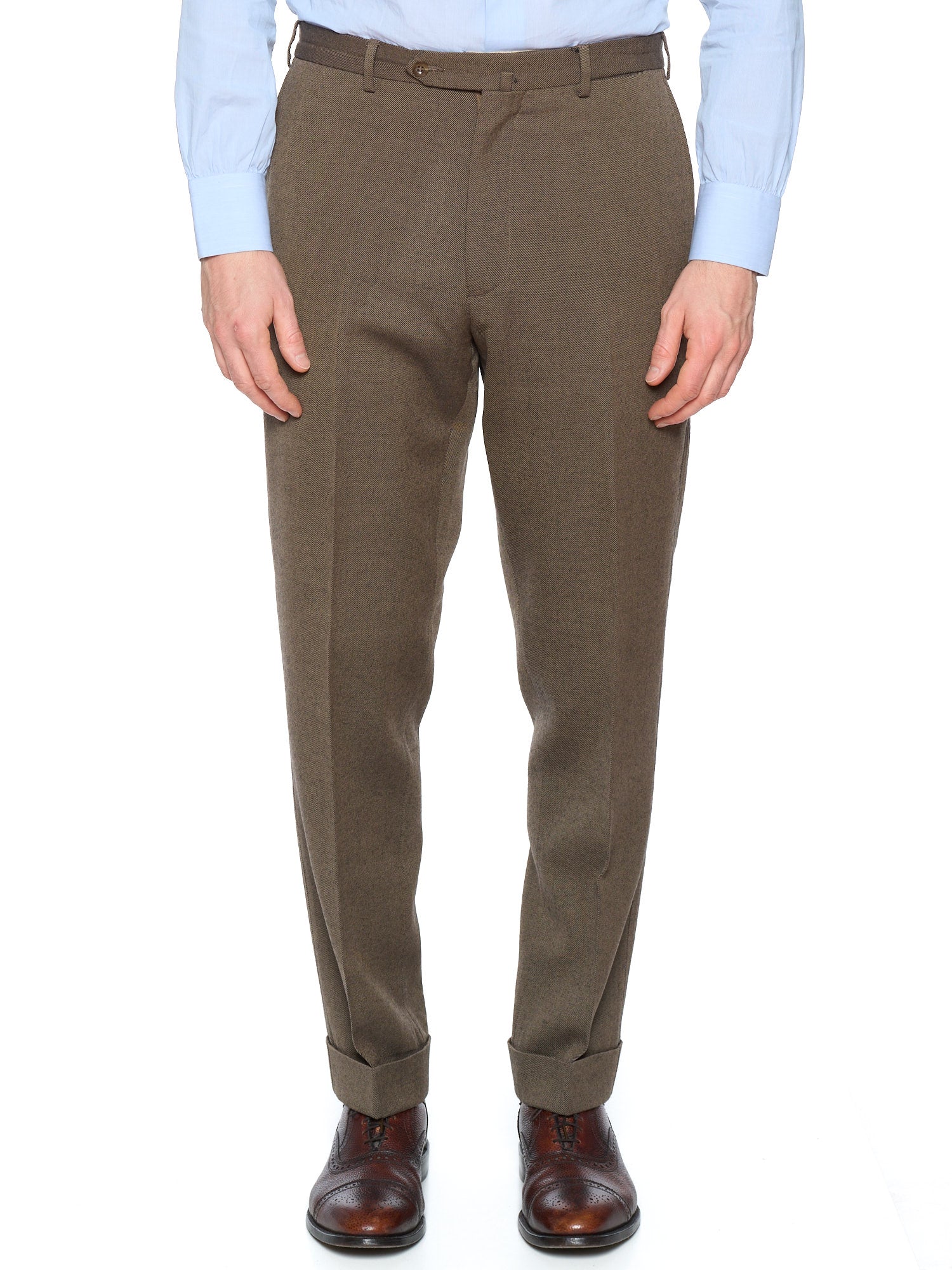 INCOTEX Missing Brown Twill Wool Flat Front Dress Pants Sample