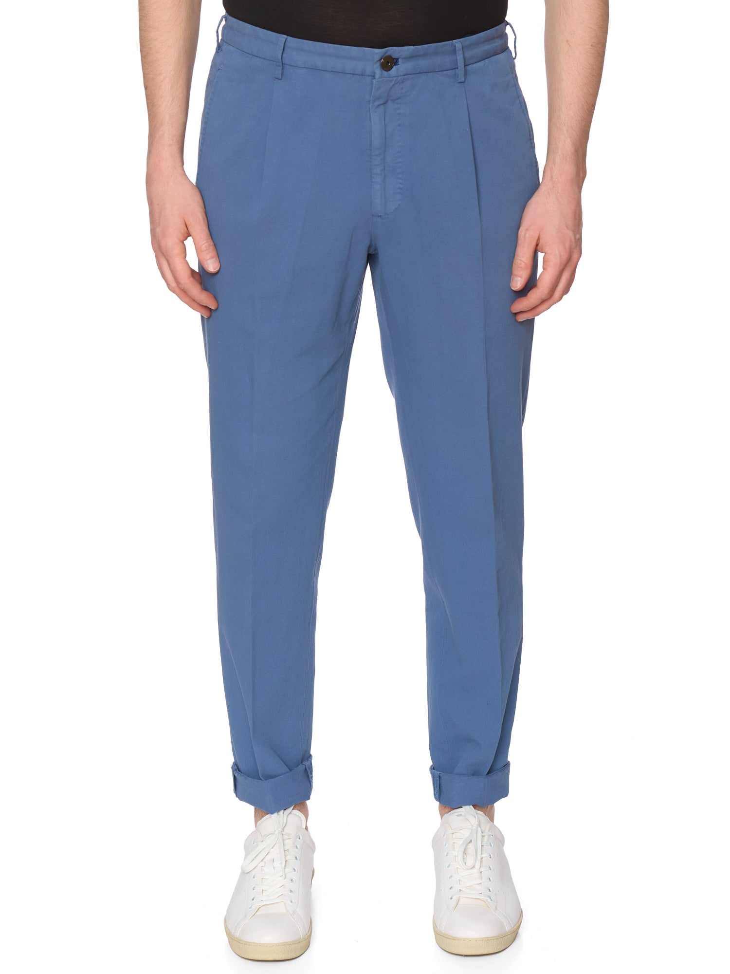 INCOTEX "Slacks" Blue Cotton-Linen Tapered Fit Pleated Chino Pants NEW