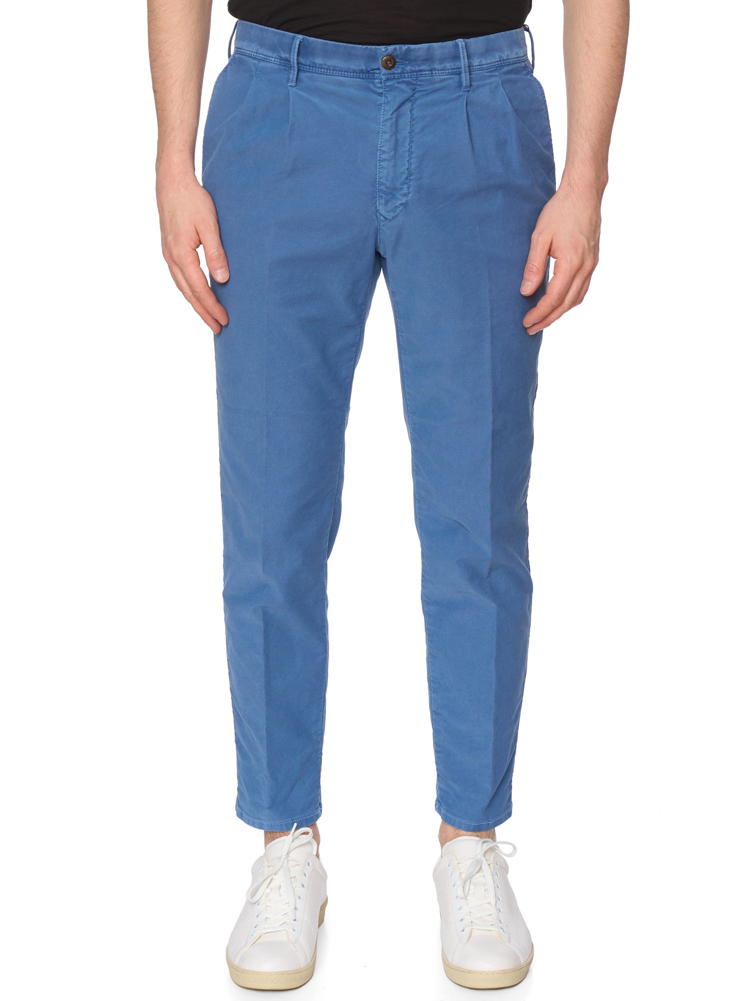 INCOTEX "Slacks" Blue Twill Cotton Tapered Fit Pleated Chino Pants NEW