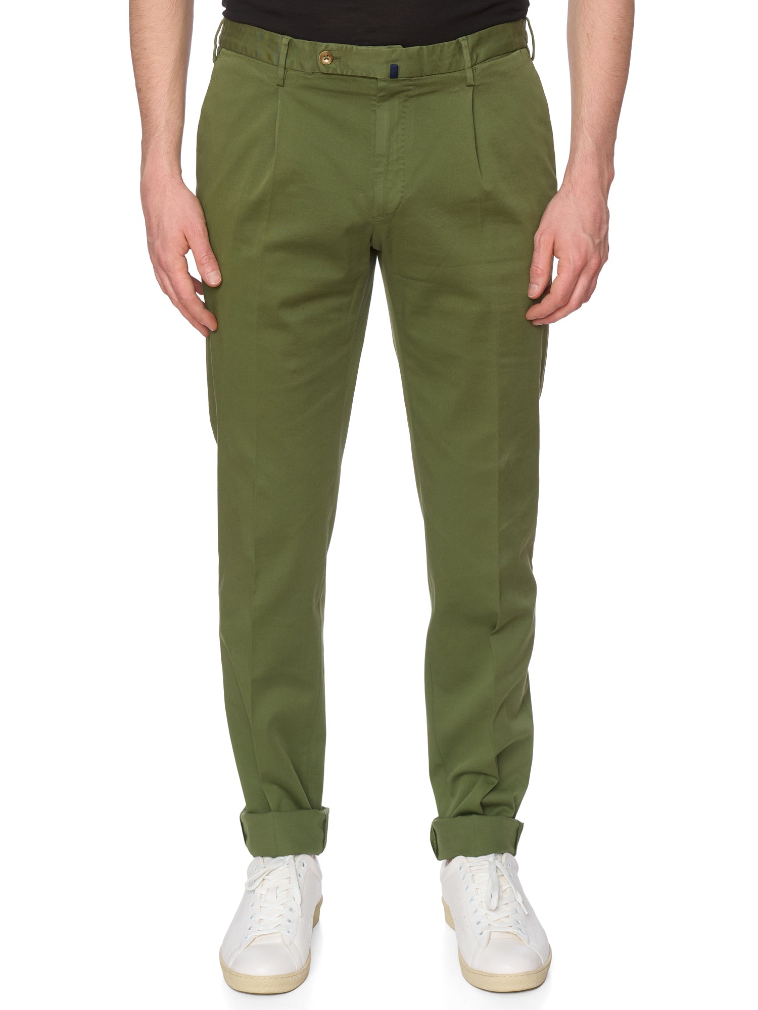 INCOTEX "Slowear" High Comfort Green Cotton-Lyocell Slim Fit Pleated Chino Pants NEW
