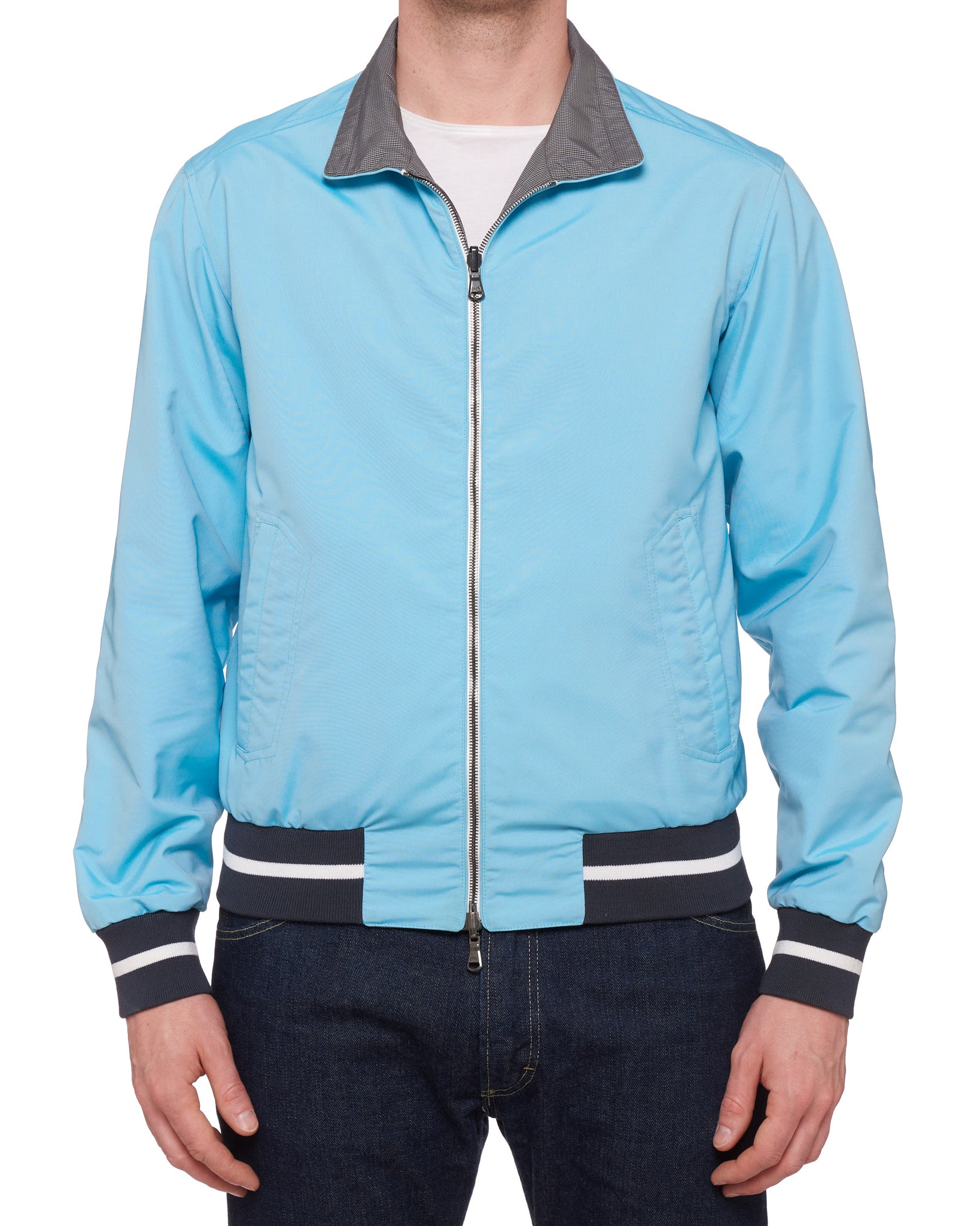 ISAIA Azure Blue Gray Plaid Poly Aqua Canvas Reversible Jacket
