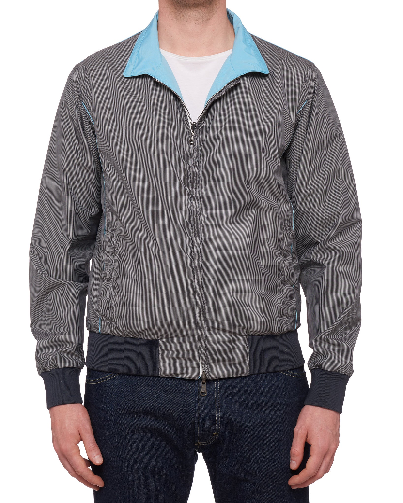 ISAIA Azure Blue Gray Plaid Poly Aqua Canvas Reversible Jacket